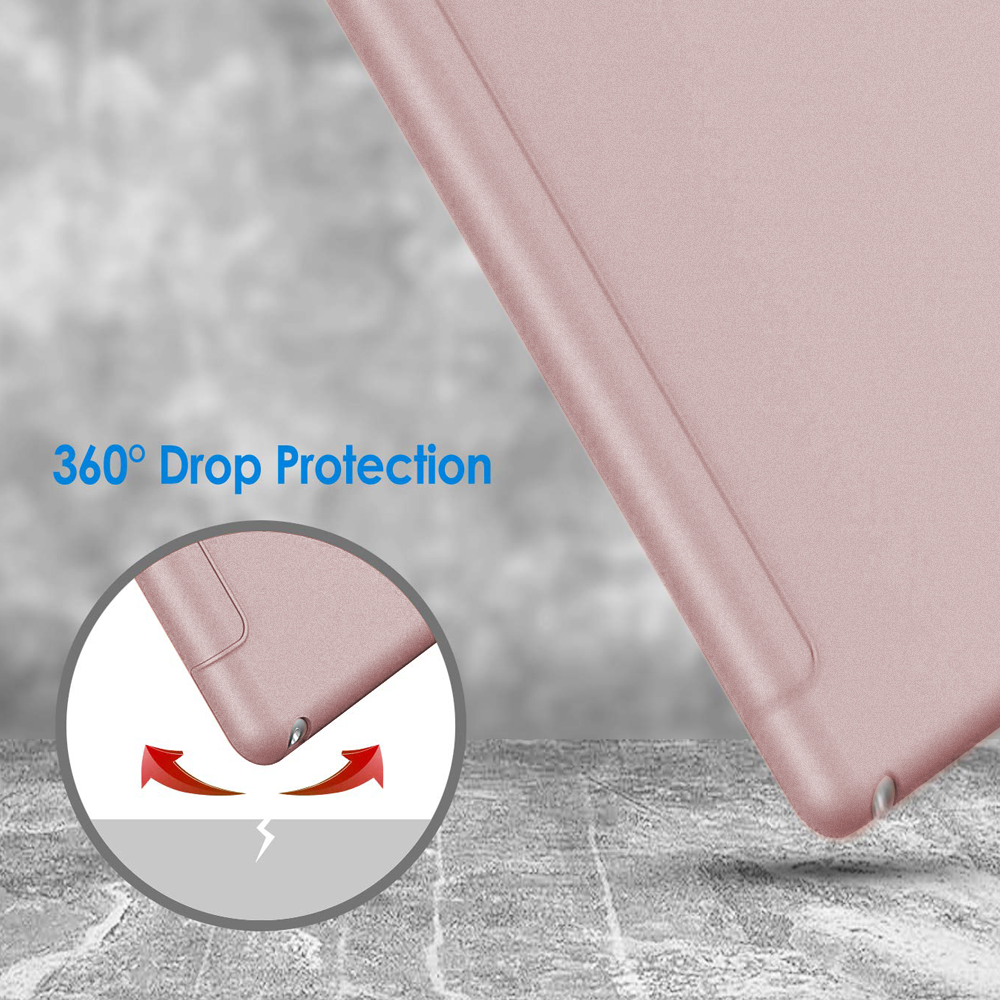 Rosa iPad-Hülle, die mit einem Aufpralldämpfungs-Demonstration für 360°-Fallschutz wirbt.