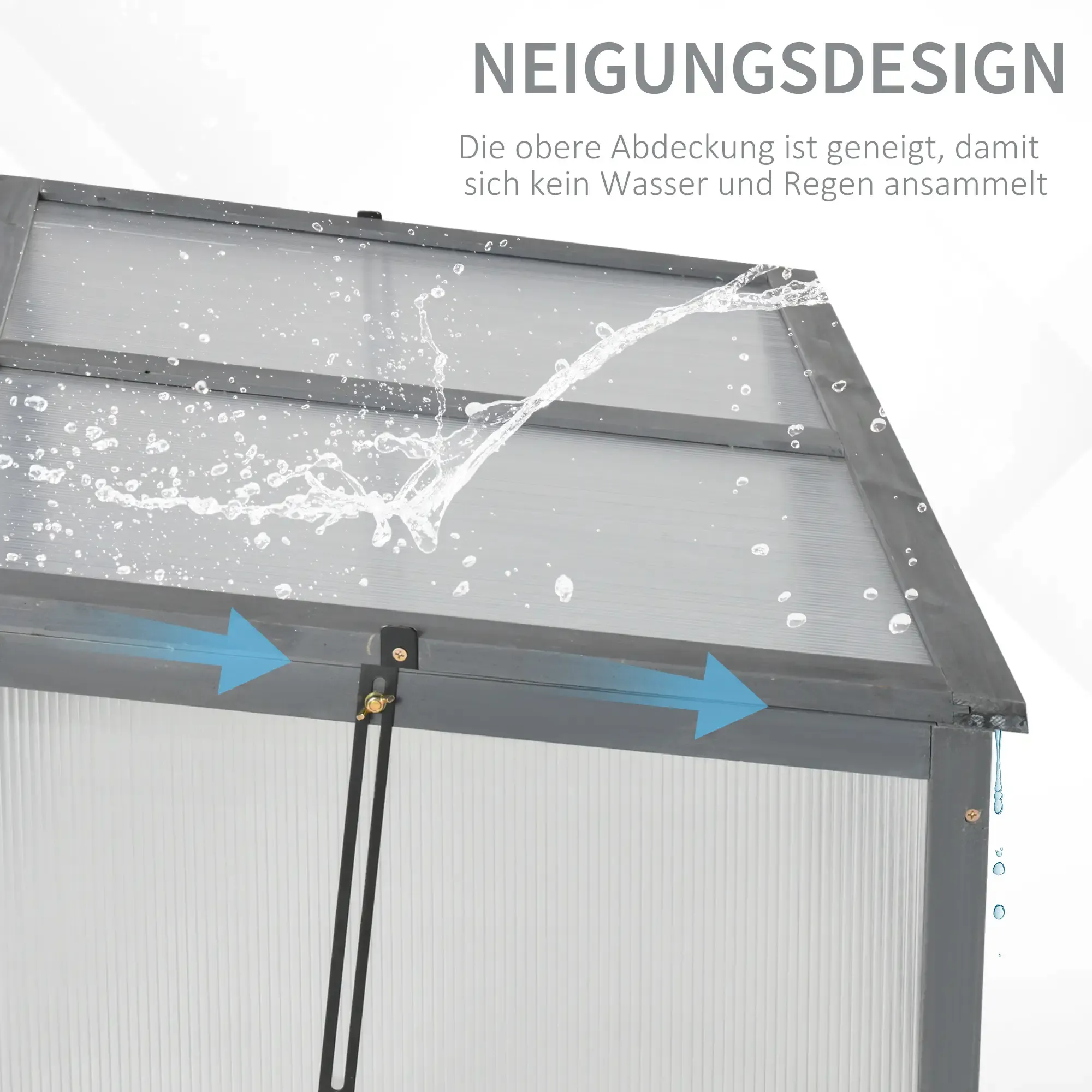 Wasser fließt vom geneigten Dach einer grau gerahmten Struktur ab und veranschaulicht dessen wasserabweisendes Design.
