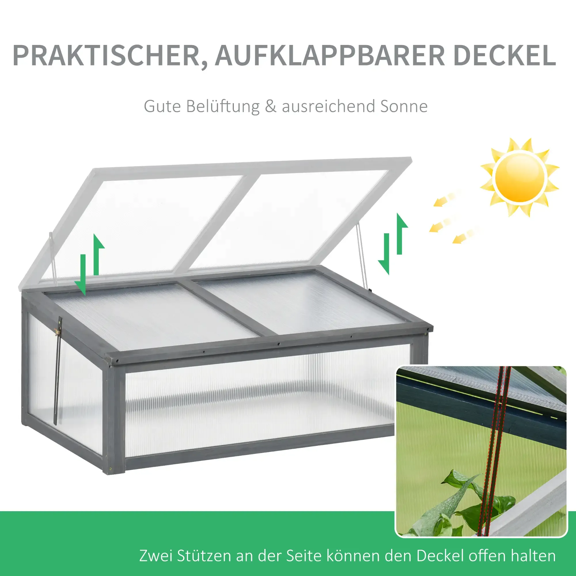 Ein grauer hölzerner Frühbeetkasten mit einem aufklappbaren transparenten Deckel, der Belüftung und Sonnenlicht fördert.