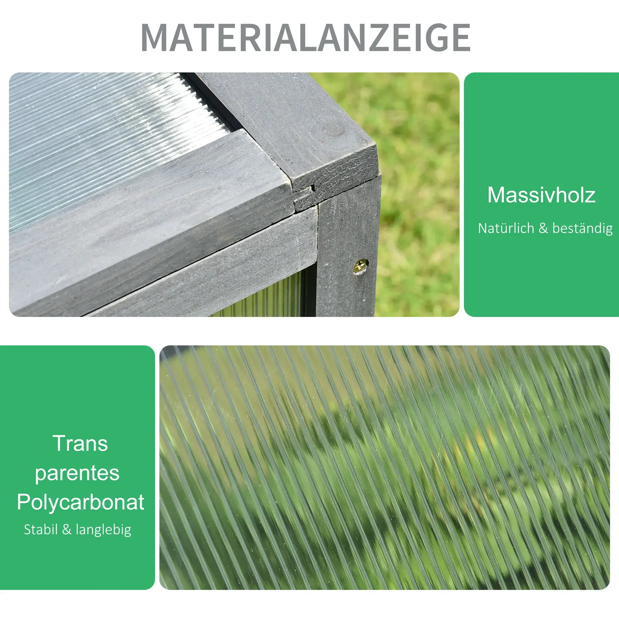 Nahaufnahme, die das Material eines Frühbeetkastens zeigt: Massivholz und transparente Polycarbonatplatten.