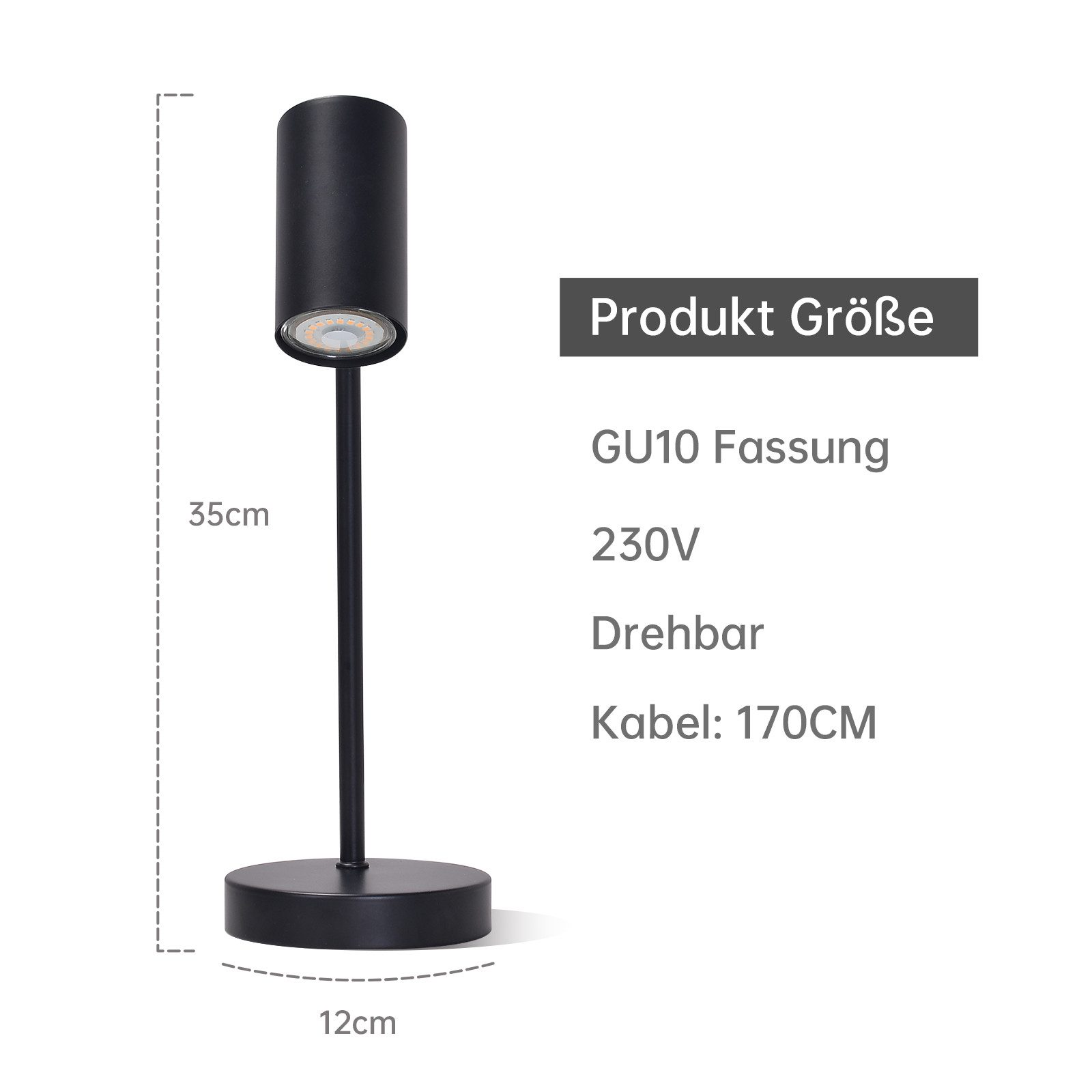 Czarna lampa biurkowa o wymiarach: 35 cm wysokości, 12 cm podstawa, 170 cm kabel, z gniazdem GU10.