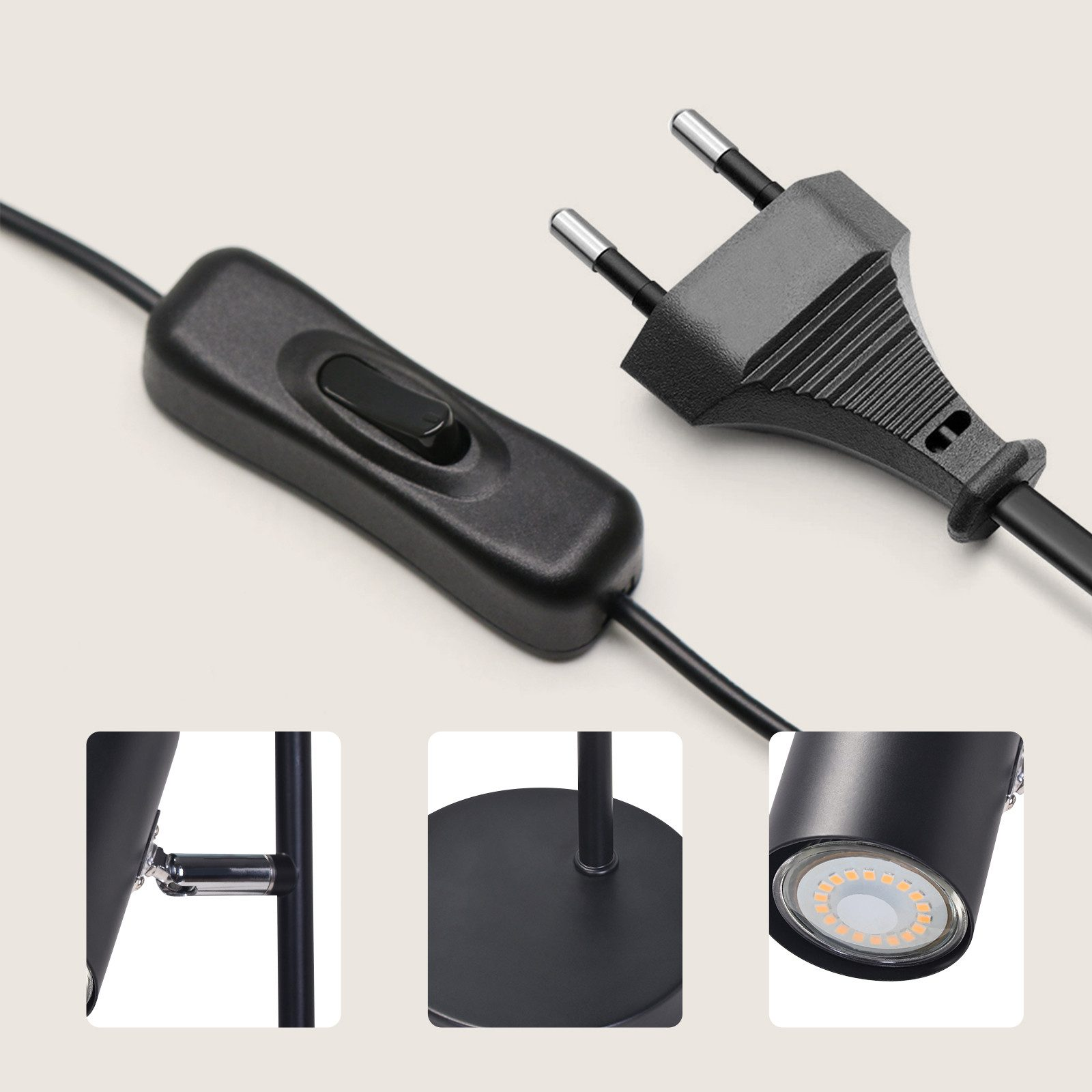 Zbliżenie pokazujące włącznik, wtyczkę, przegub obrotowy, podstawę i diodę LED czarnej lampy biurkowej.