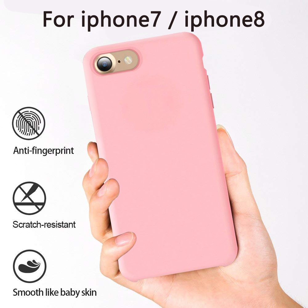 Eine pinkfarbene Handyhülle wird gehalten und als Anti-Fingerabdruck und kratzfest gekennzeichnet.