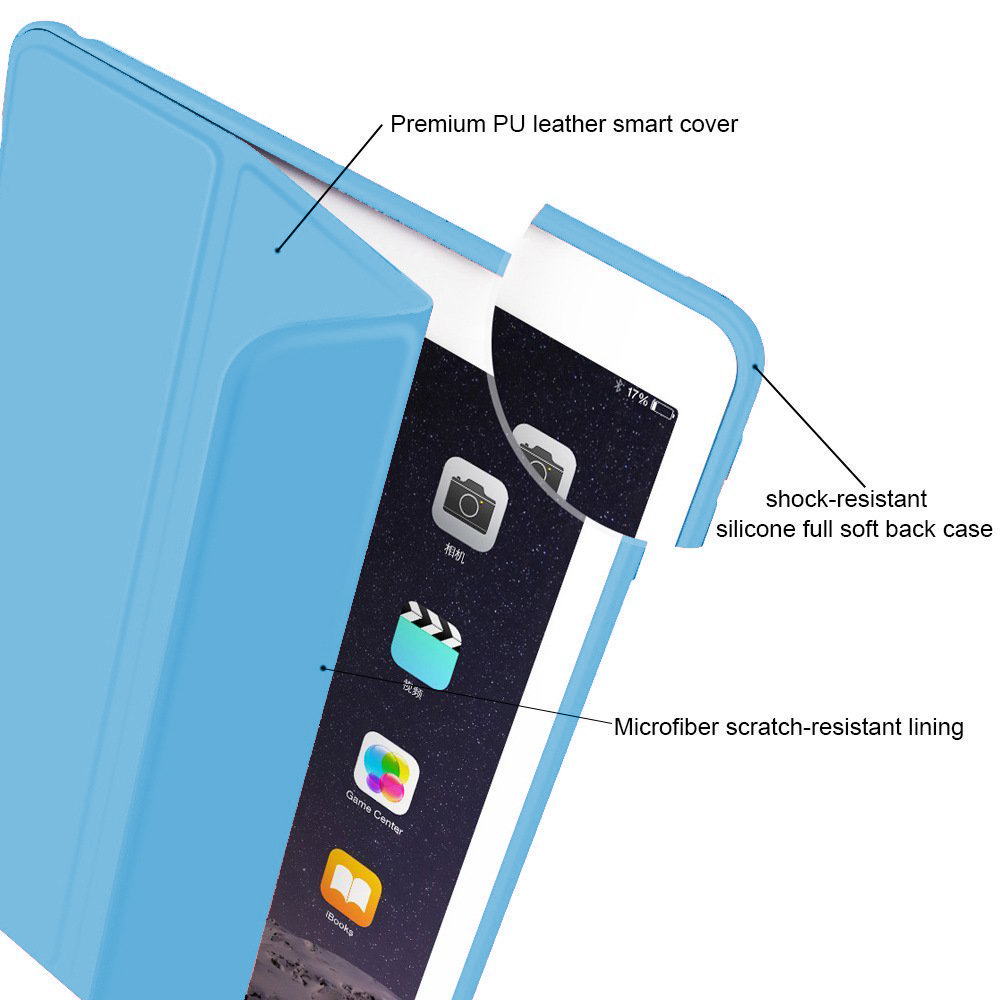 Eine hellblaue iPad-Hülle mit kratzfester Auskleidung und stoßfester Silikonrückseite.