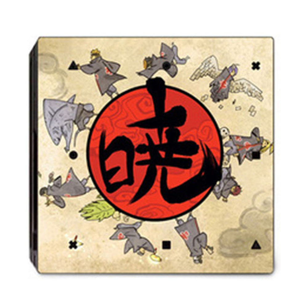 Ein quadratisches Objekt mit einem roten Kreis und japanischen Schriftzeichen ist von Figuren umgeben.