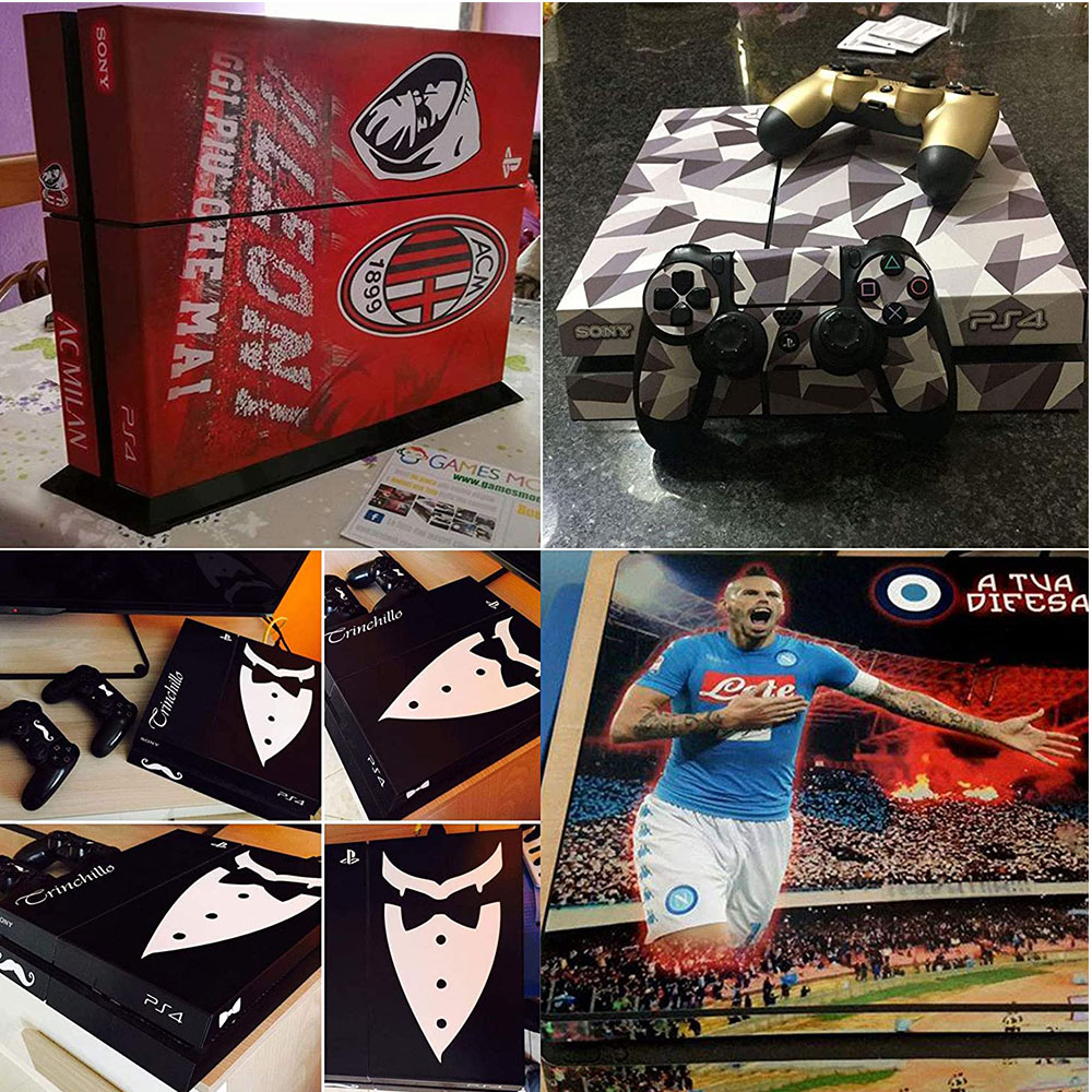 Collage von PlayStation-Konsolen mit individuellen Designs, Controllern und Verpackungen.