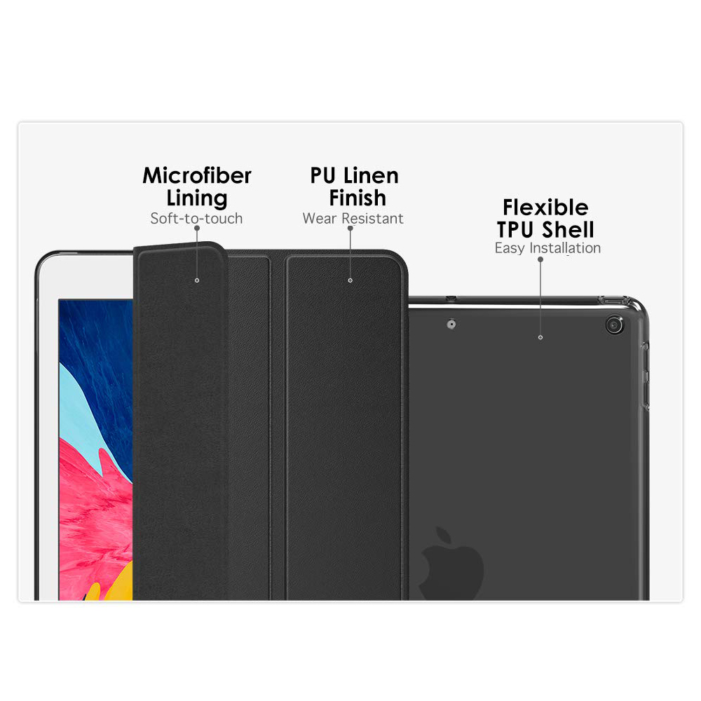 Eine schwarze Tablethülle verfügt über ein Mikrofaserfutter, eine PU-Leinenoberfläche und eine TPU-Hülle.