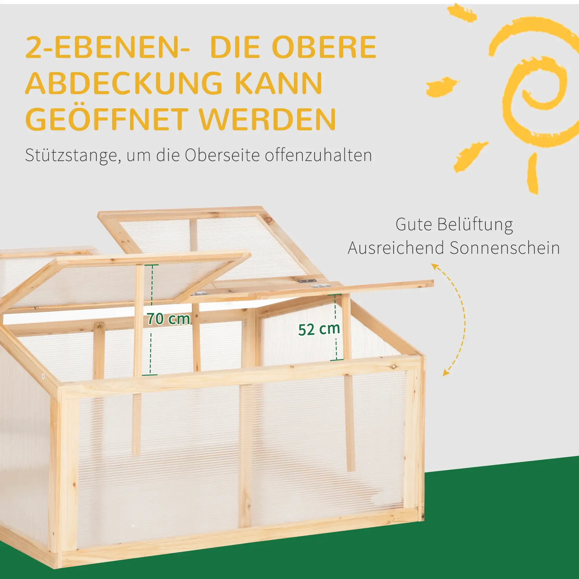 Ein hölzerner Frühbeetkasten mit zwei aufgeklappten Klappdeckeln. Der Rahmen ist mit durchscheinenden Kunststoffplatten gefüllt.