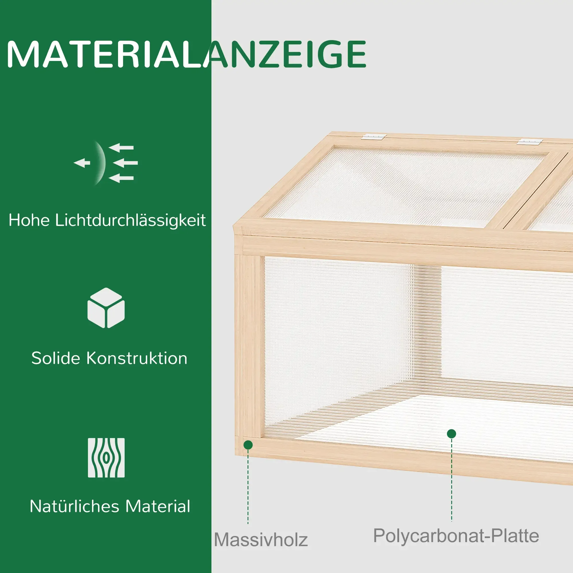 Eine Nahaufnahme eines hölzernen Frühbeetkastens mit Text, der seine hohe Lichtdurchlässigkeit und solide Konstruktion angibt.