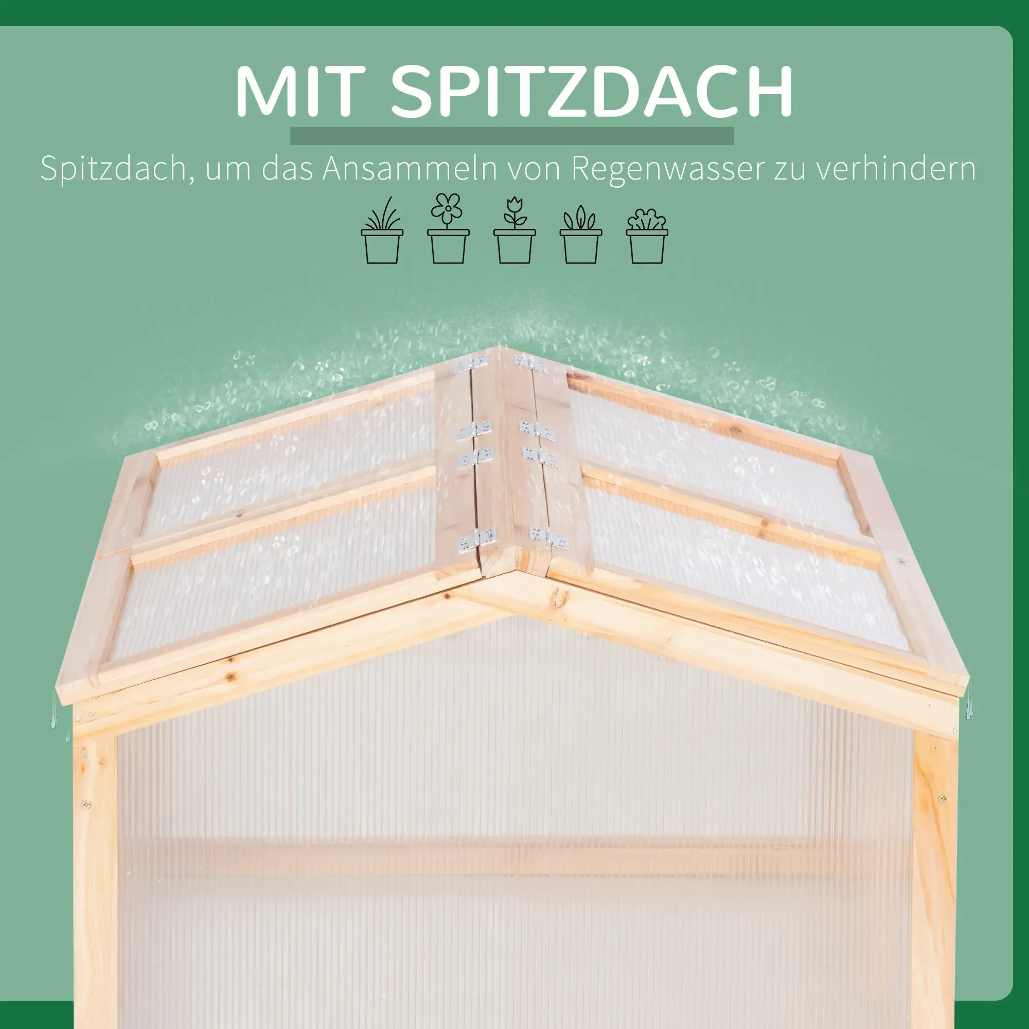 Eine Nahaufnahme eines hölzernen Frühbeetkastens mit einem Spitzdach, das verhindern soll, dass sich Regenwasser ansammelt.