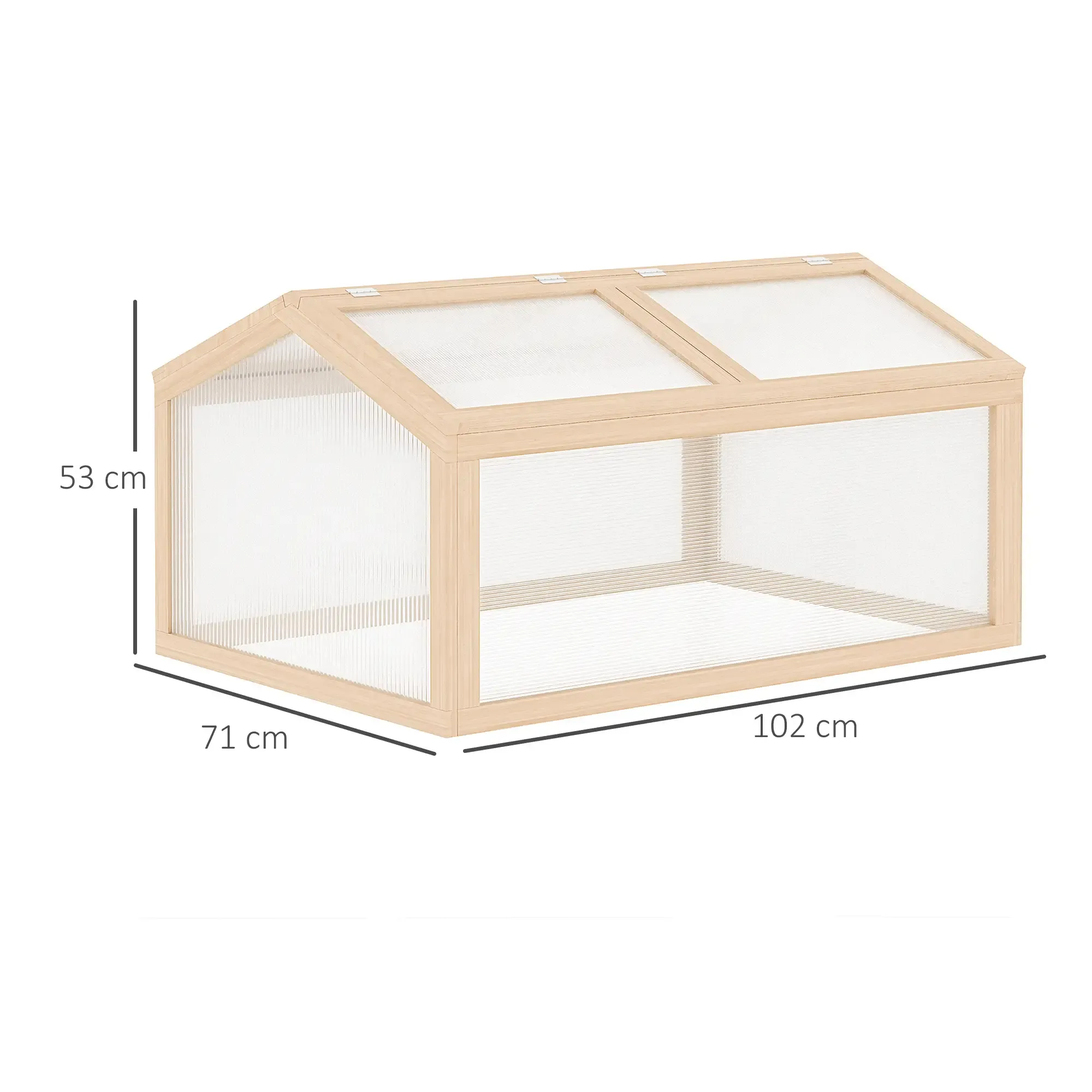 Ein leerer hölzerner Frühbeetkasten mit Abmessungen in Zentimetern: 53 cm hoch, 71 cm tief und 102 cm breit.