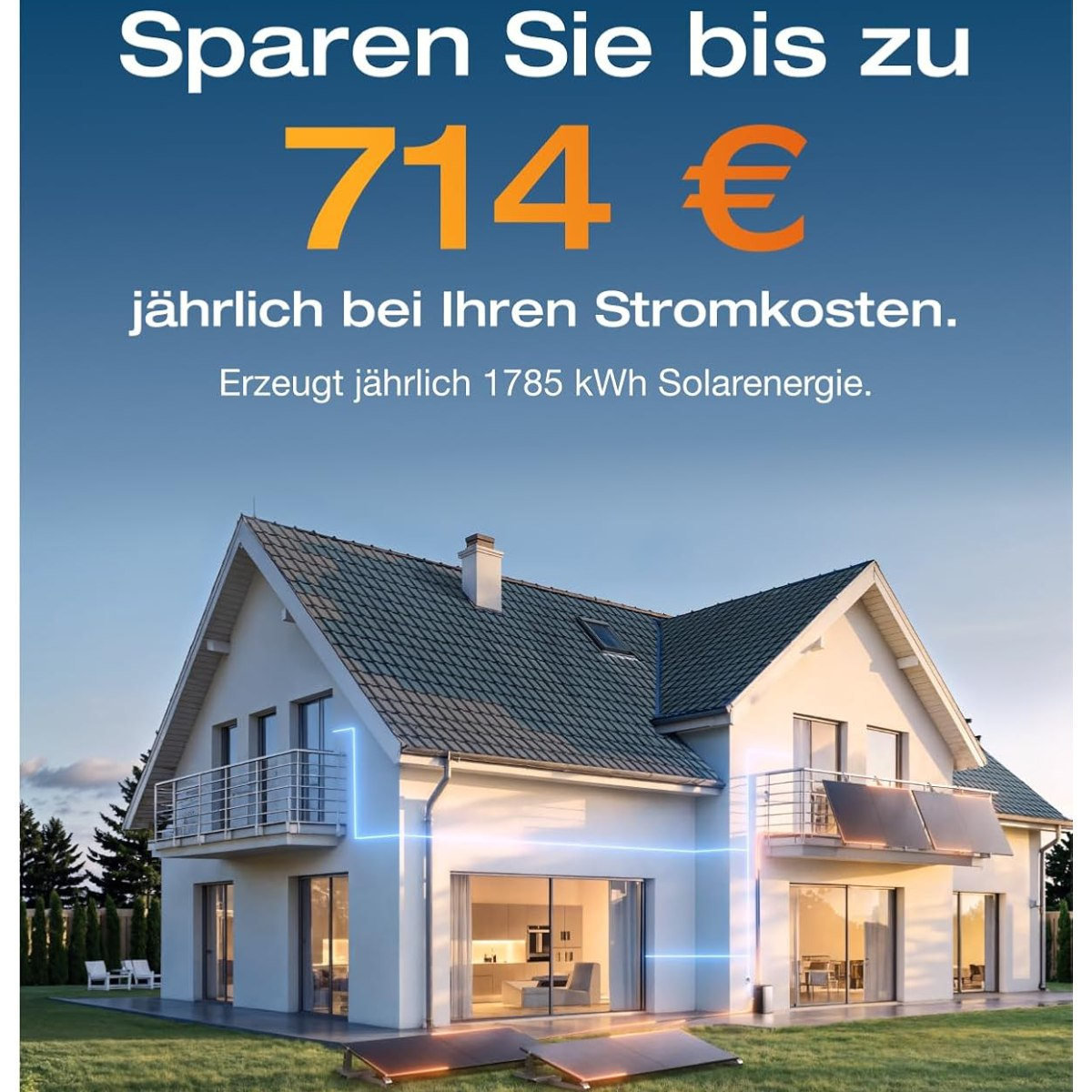 Abbildung eines modernen Hauses mit Solarmodulen, das für jährliche Einsparungen bei den Stromkosten wirbt.