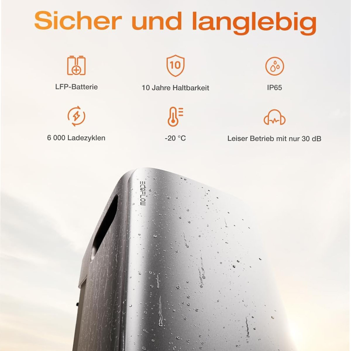 Abbildung einer silbernen EcoFlow-Powerstation, die ihre Haltbarkeit, Batterielebensdauer und den leisen Betrieb hervorhebt.
