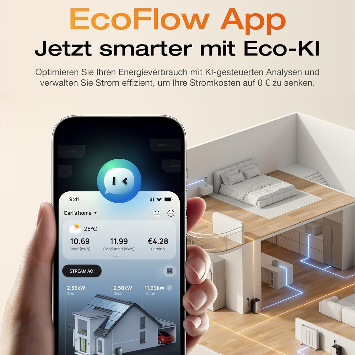 EcoFlow-App-Oberfläche auf einem Smartphone, die Energieverbrauchsanalysen und Smart-Home-Integration zeigt.