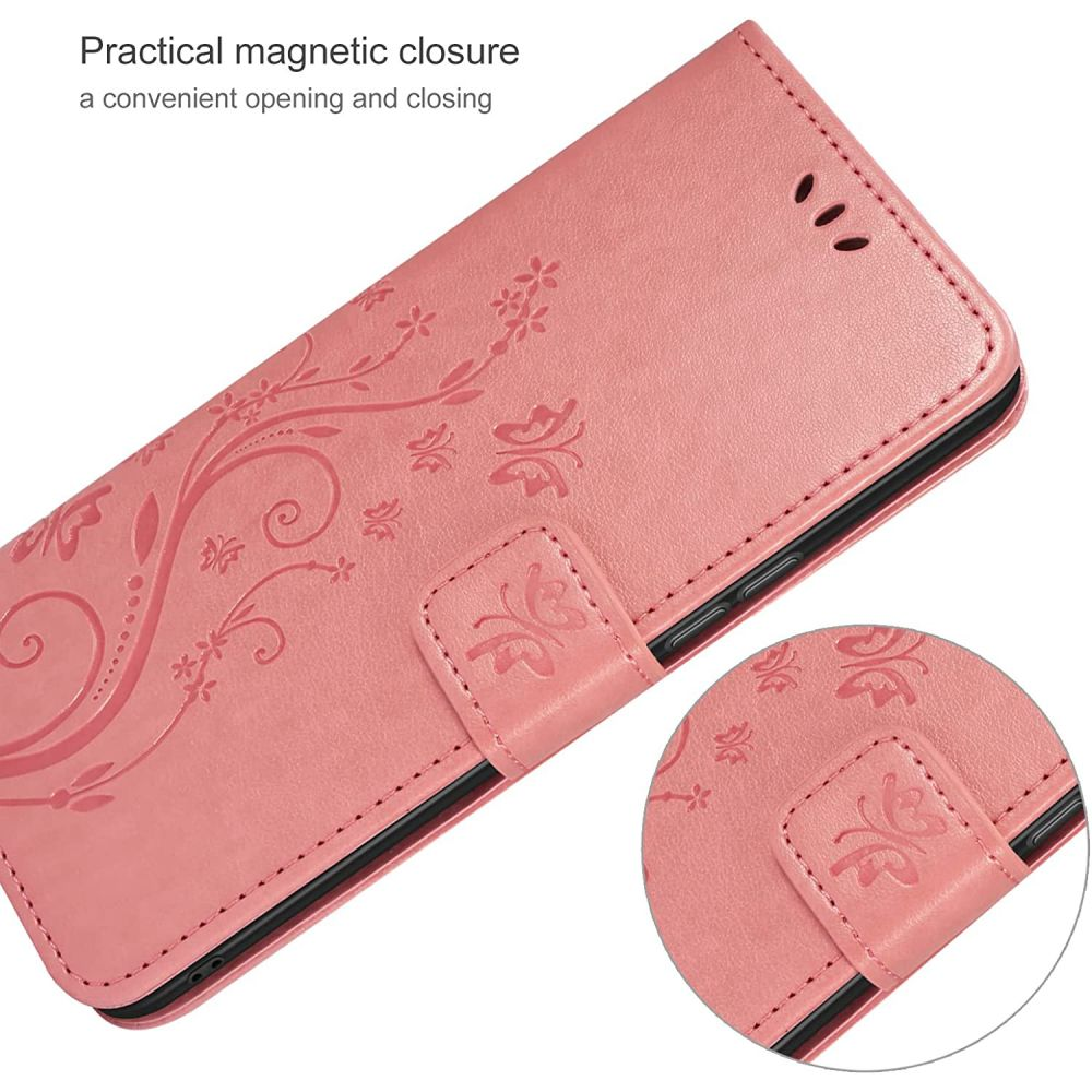 Nahaufnahme einer rosafarbenen Handyhülle mit floralem Design, die den Magnetverschluss und das bequeme Öffnen hervorhebt.