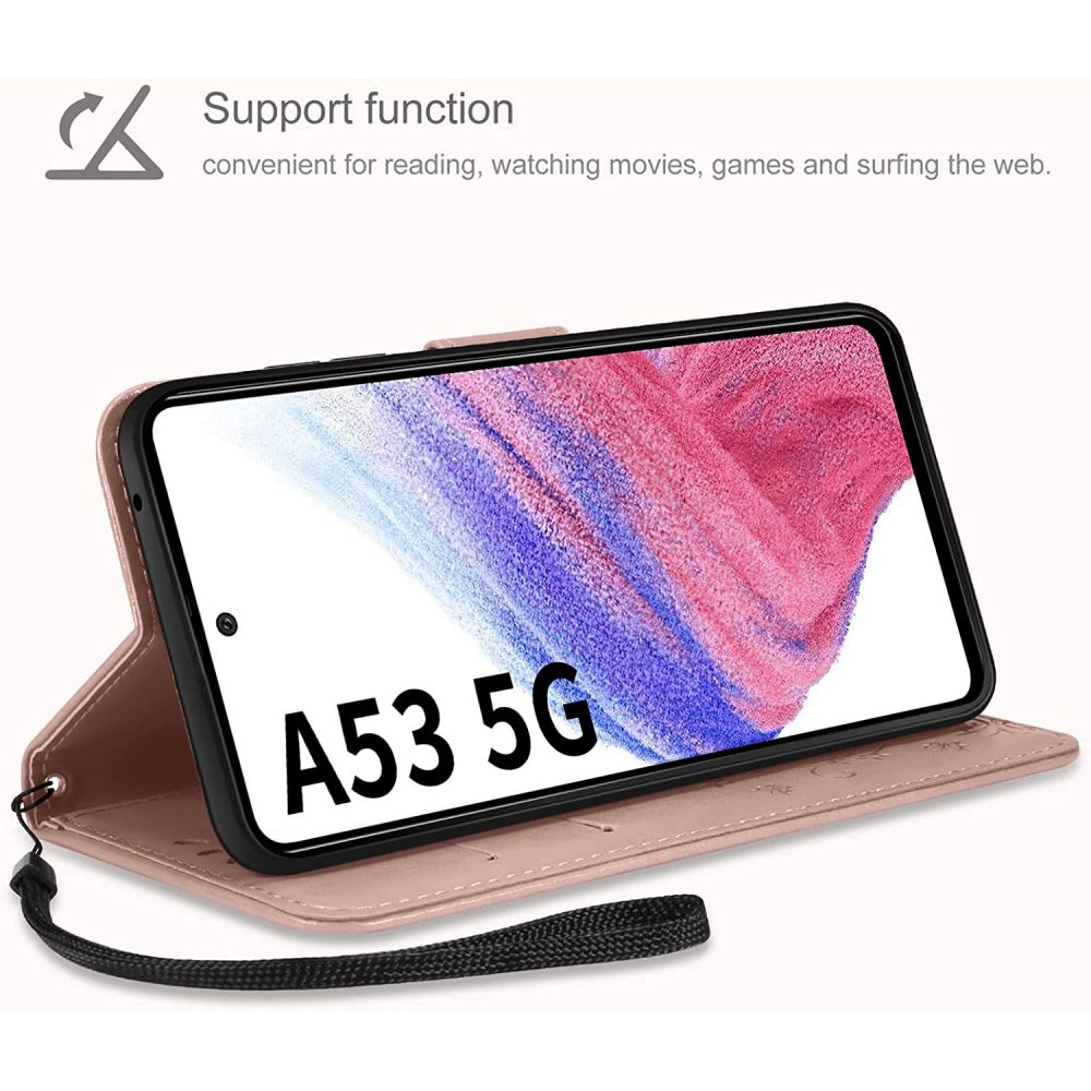 Eine rosa Handyhülle ist so aufgestellt, dass sie ein Telefon hält, auf dem A53 5G auf dem Bildschirm angezeigt wird. Ein schwarzes Band ist angebracht.
