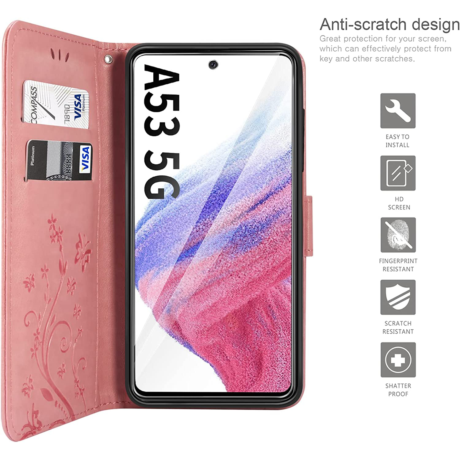 Eine rosafarbene Handyhülle ist geöffnet und zeigt ein Telefon mit A53 5G auf dem Bildschirm, Kartenfächer und Anti-Kratz-Design-Symbole.
