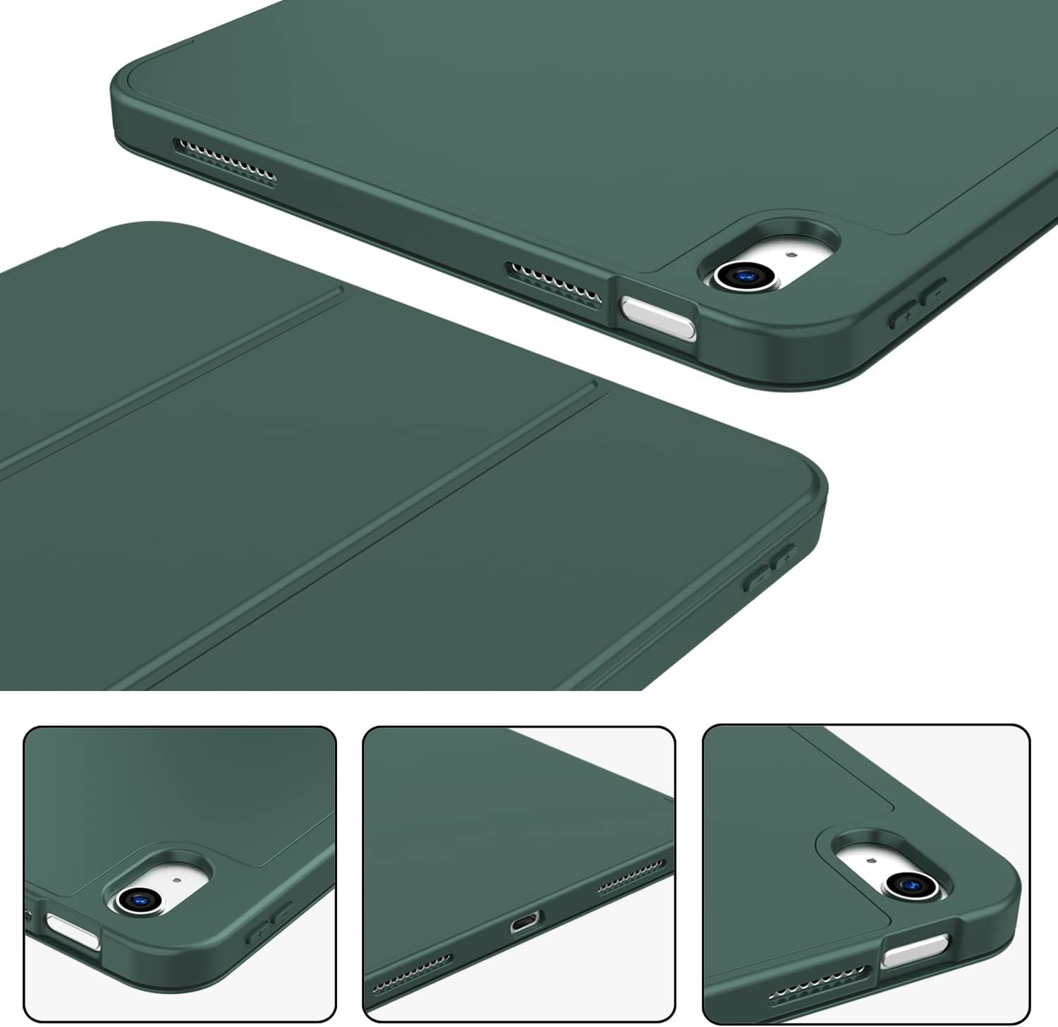 Eine dunkelgrüne iPad-Hülle wird in mehreren Ansichten gezeigt, die ihr Design und ihre Funktionen hervorheben.