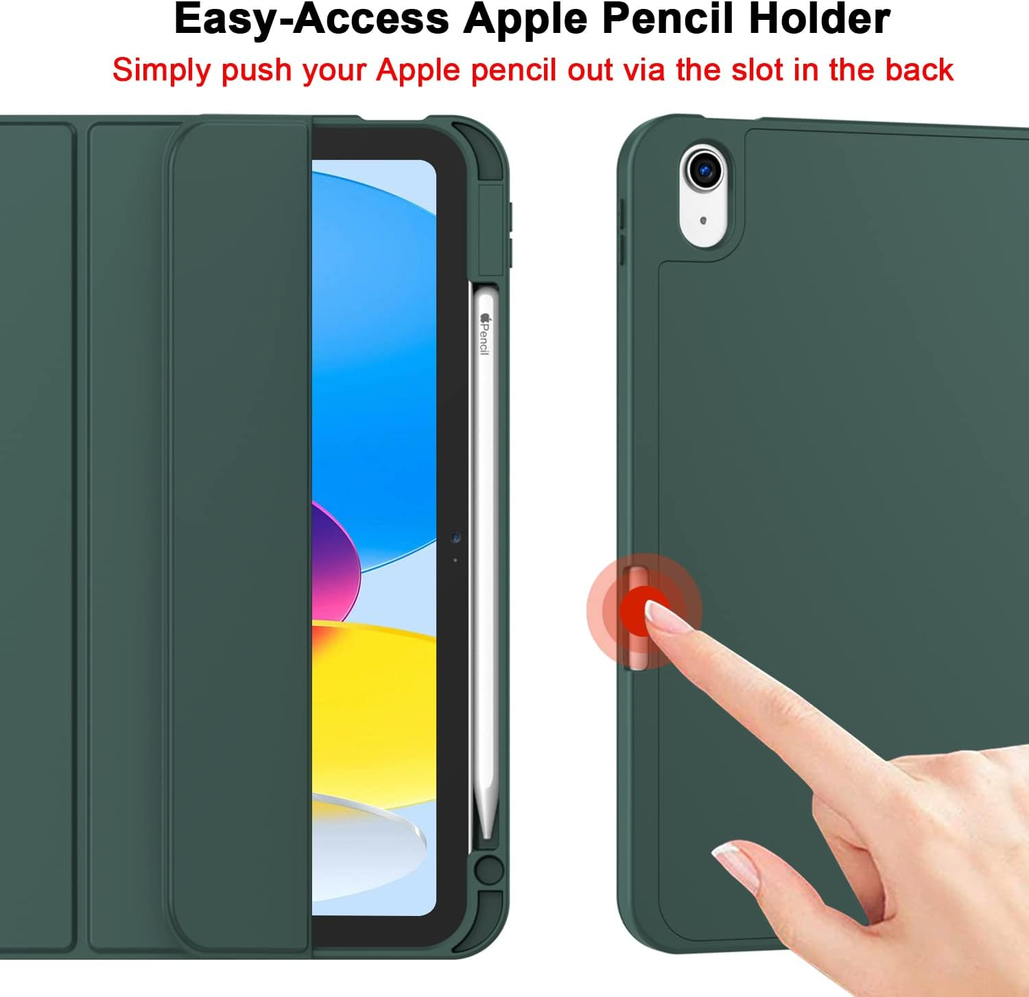 Demonstration eines leicht zugänglichen Apple Pencil-Halters an einer grünen iPad-Hülle.