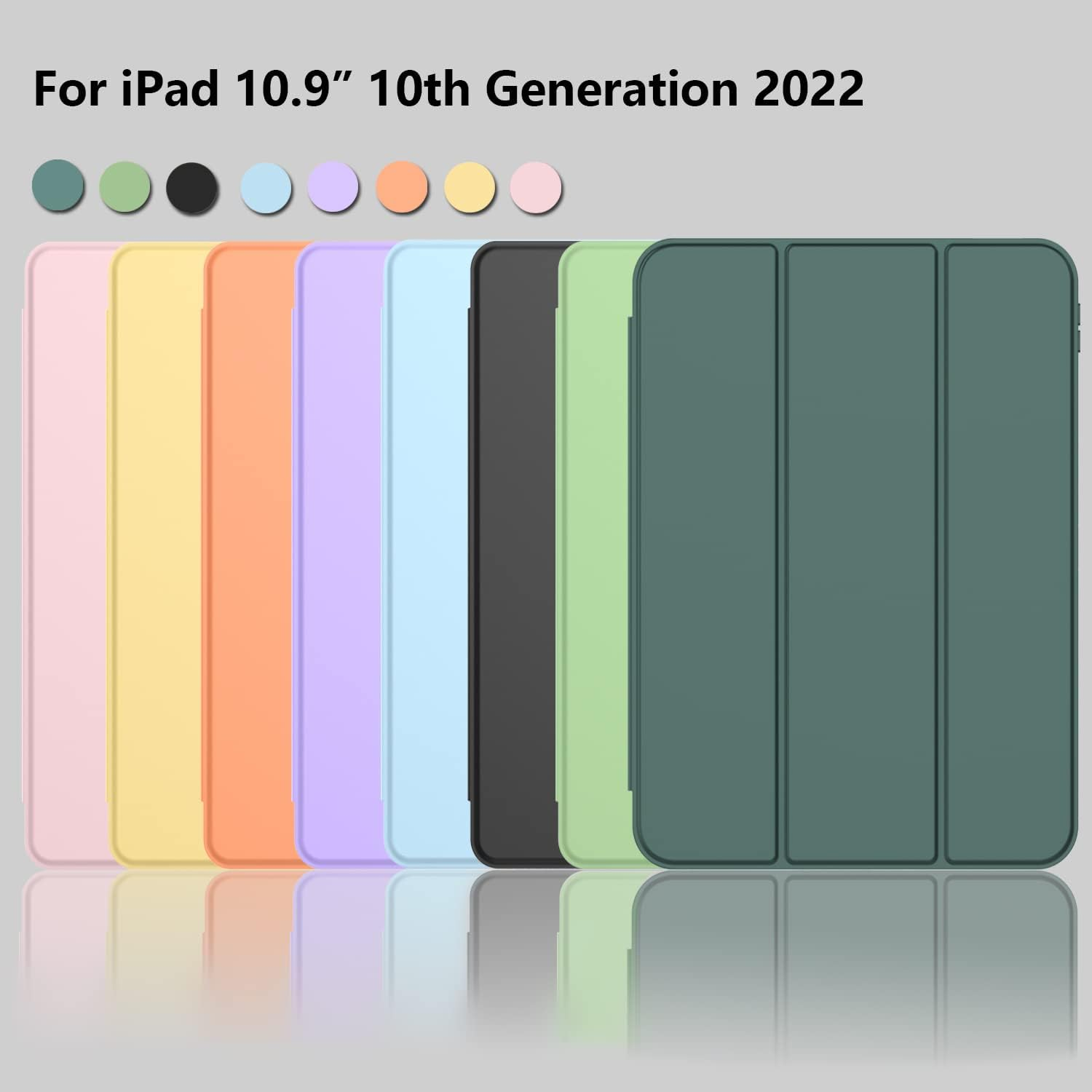 Eine Reihe farbenfroher iPad-Hüllen der 10. Generation vor einem grauen Hintergrund.