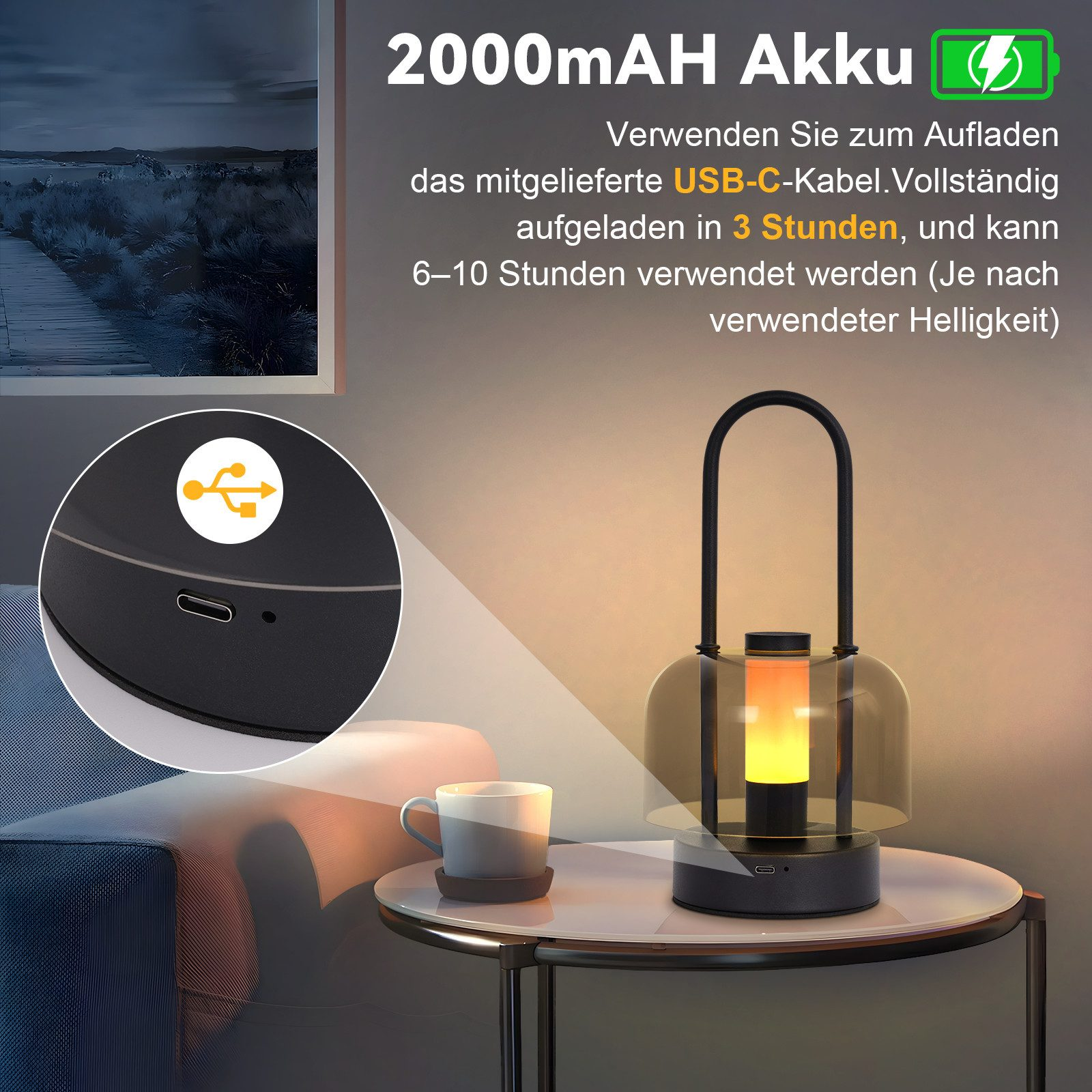 Lampa na stole, z uchwytem i światłem.