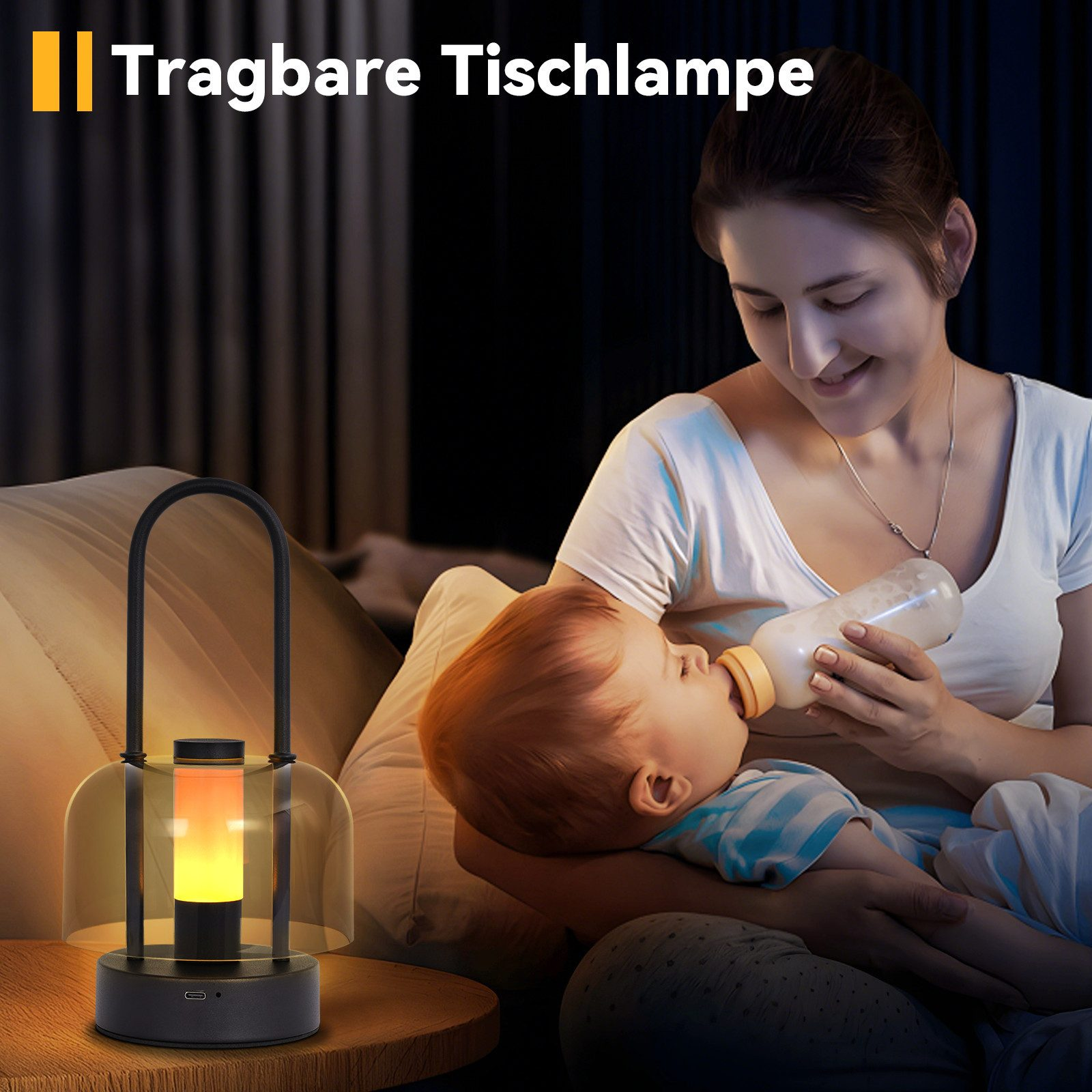 Matka karmi dziecko butelką. Lampa po lewej stronie.