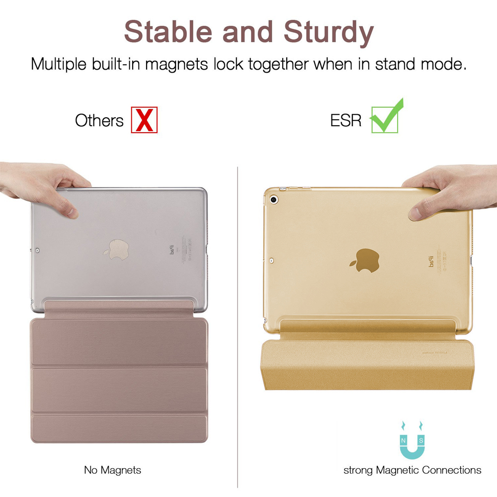 Eine goldene Tablethülle mit einem Tablet, die magnetische Verbindungen zeigt.