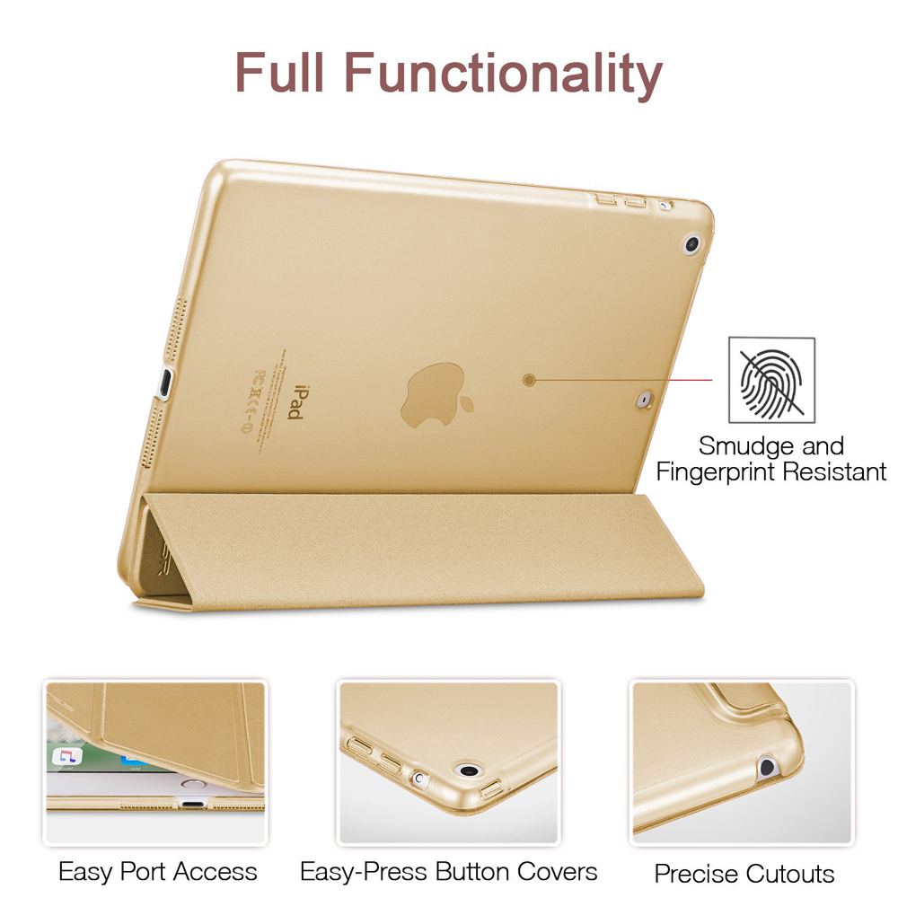 Eine goldene Tablethülle mit Anschlüssen und Knopfabdeckungen.