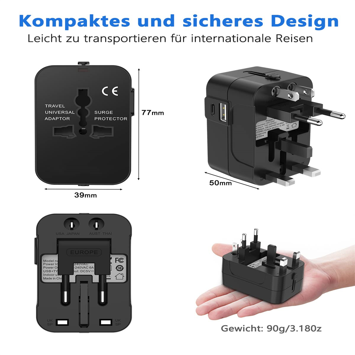 Das Bild zeigt mehrere Ansichten eines schwarzen Universal-Reiseadapters mit Abmessungen, Steckertypen und Sicherheitszertifizierungen.