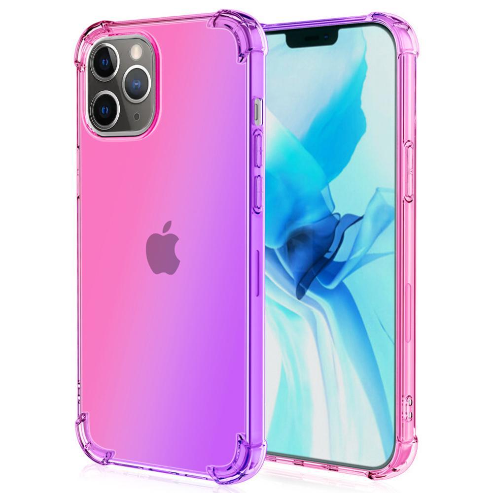 Das Bild zeigt zwei iPhone-Hüllen, eine lila und eine rosa, beide mit klarem Design und verstärkten Ecken.