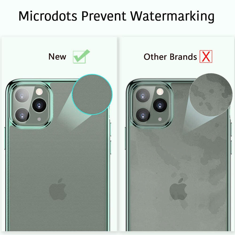 Das Bild zeigt zwei iPhone-Hüllen, eine neue mit Mikropunkten und eine ältere mit Wasserzeichen, nebeneinander vor einem weißen Hintergrund.
