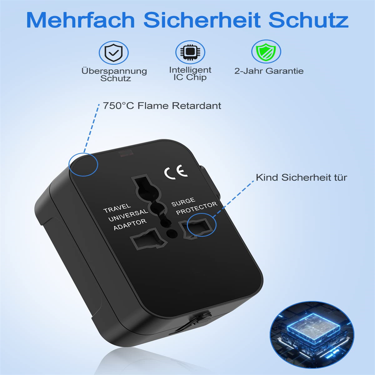 Das Bild zeigt einen schwarzen Universal-Reiseadapter, der Sicherheitsmerkmale wie Überspannungsschutz und schwer entflammbares Material hervorhebt.