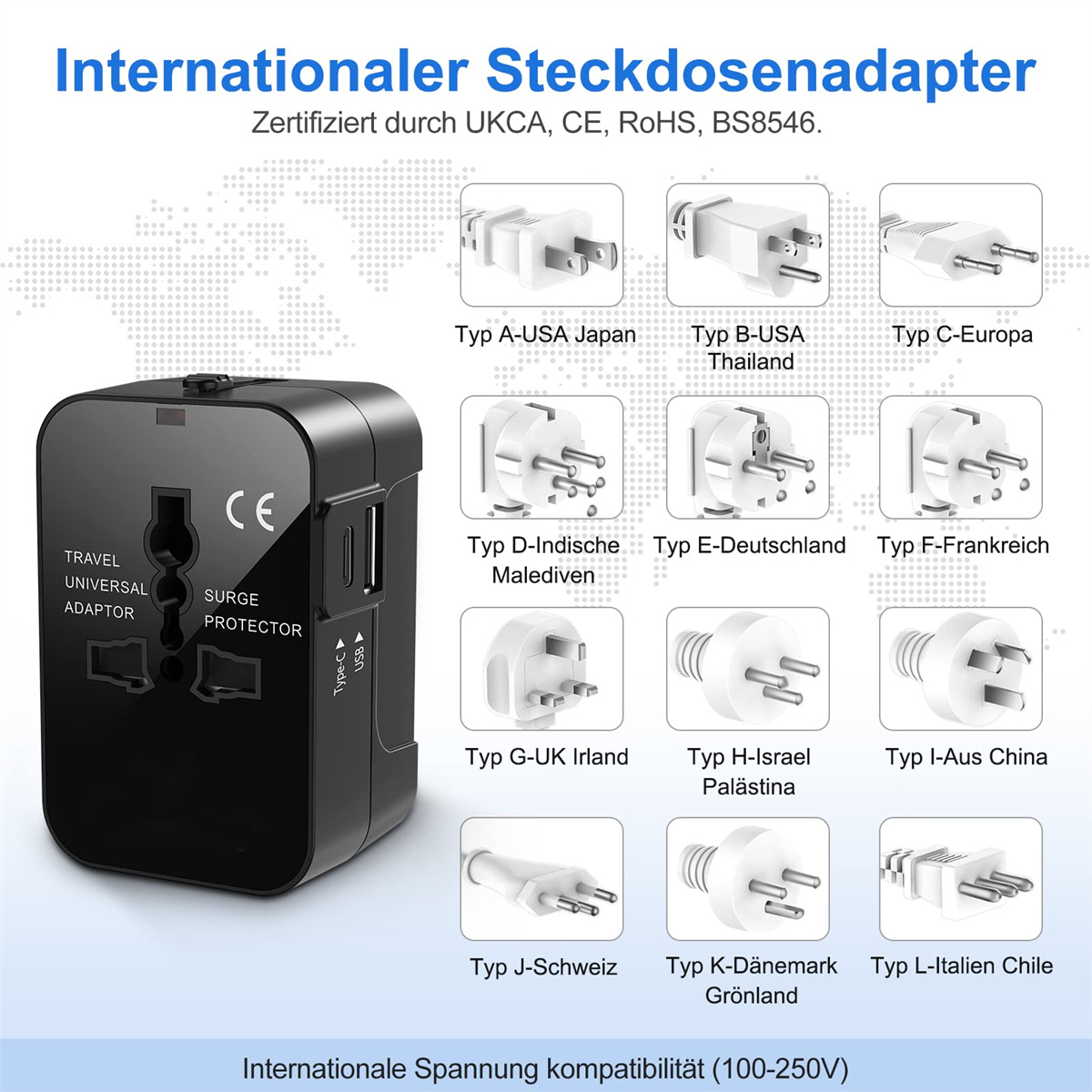 Das Bild zeigt einen schwarzen Universal-Reiseadapter mit verschiedenen Steckerkonfigurationen, die für verschiedene Länder gekennzeichnet sind.