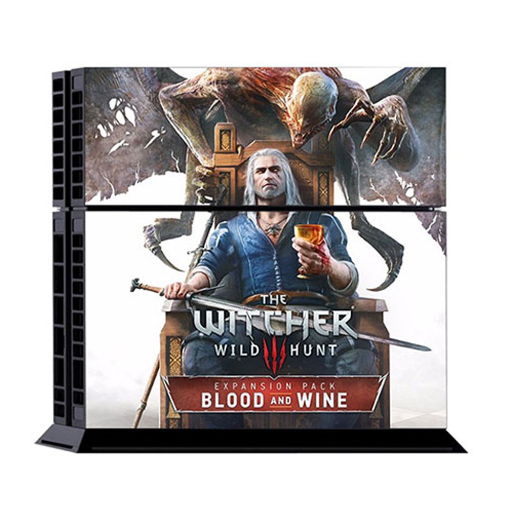 Eine Spielekonsole mit einem Witcher-Skin, der einen Charakter und eine Kreatur zeigt.