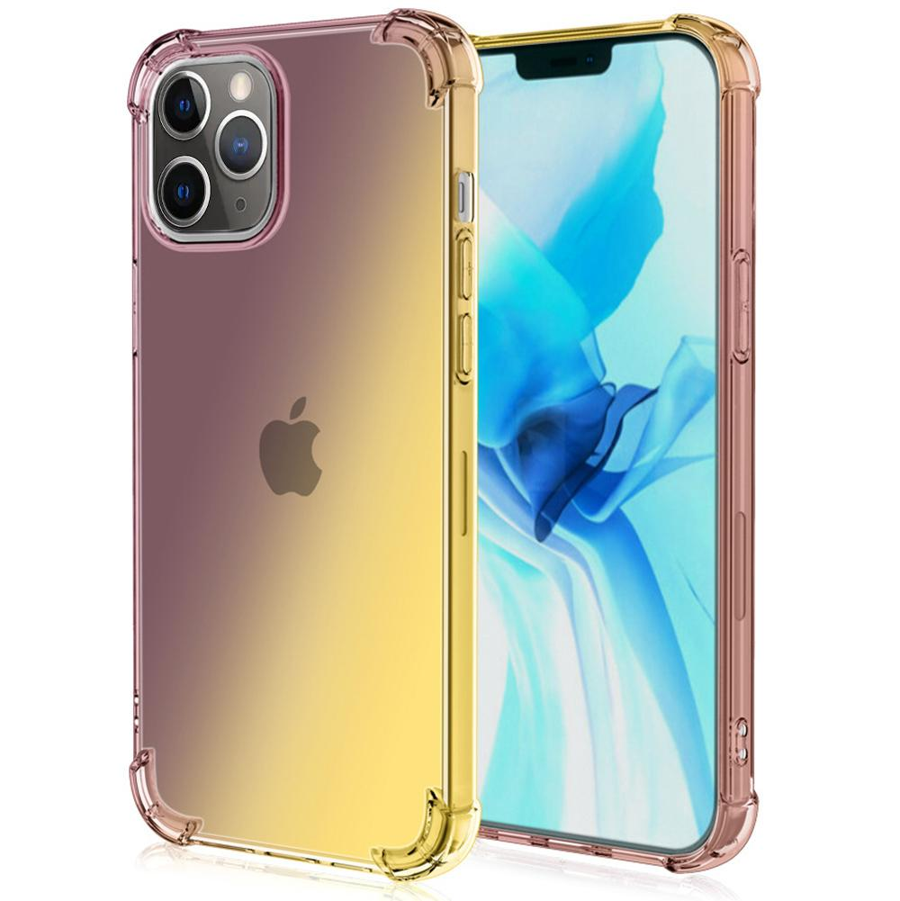Zwei iPhones in durchsichtigen Hüllen, die von Lila zu Gelb übergehen und die Bildschirme zeigen.