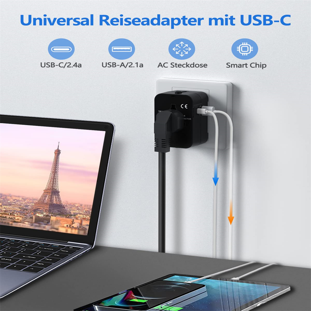 Ein Adapter, der in eine Wand gesteckt ist und Geräte auflädt, mit dem Eiffelturm im Hintergrund.