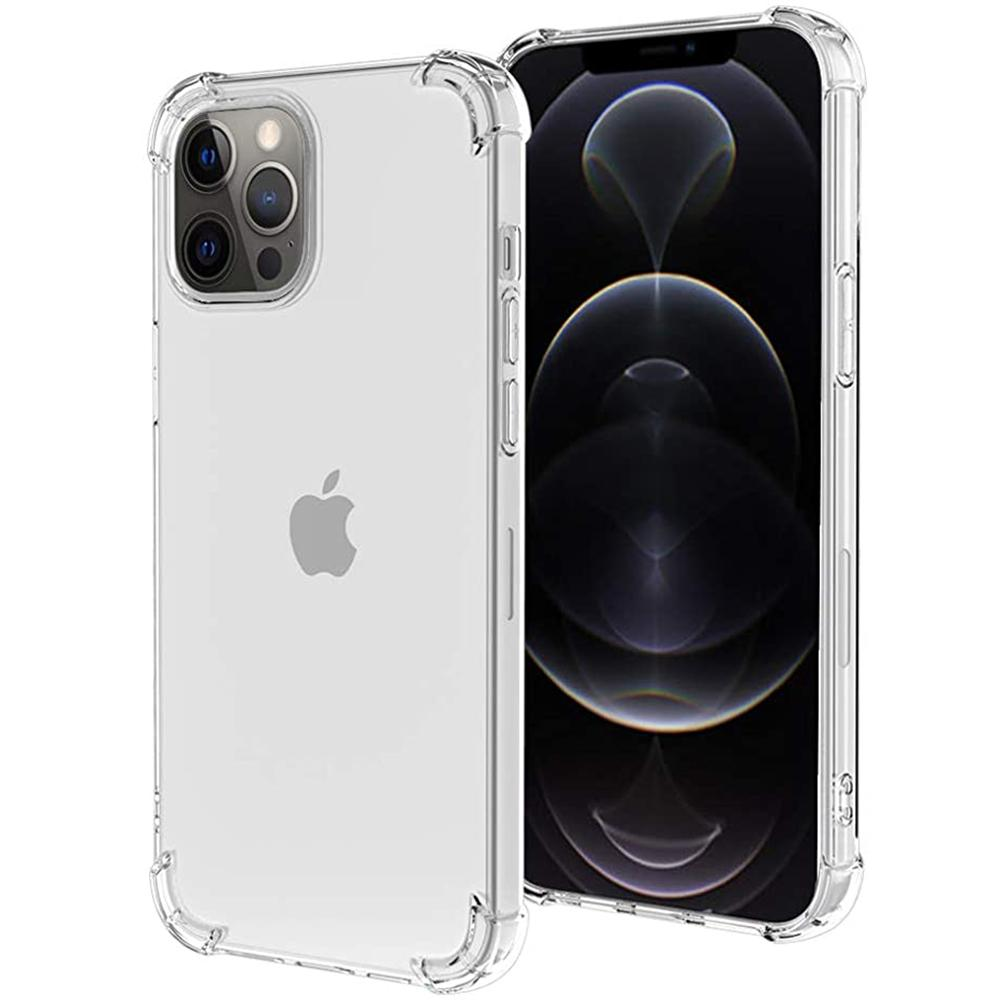 Zwei iPhones in transparenten Hüllen, die die Bildschirme zeigen. Die Hüllen haben verstärkte Ecken.