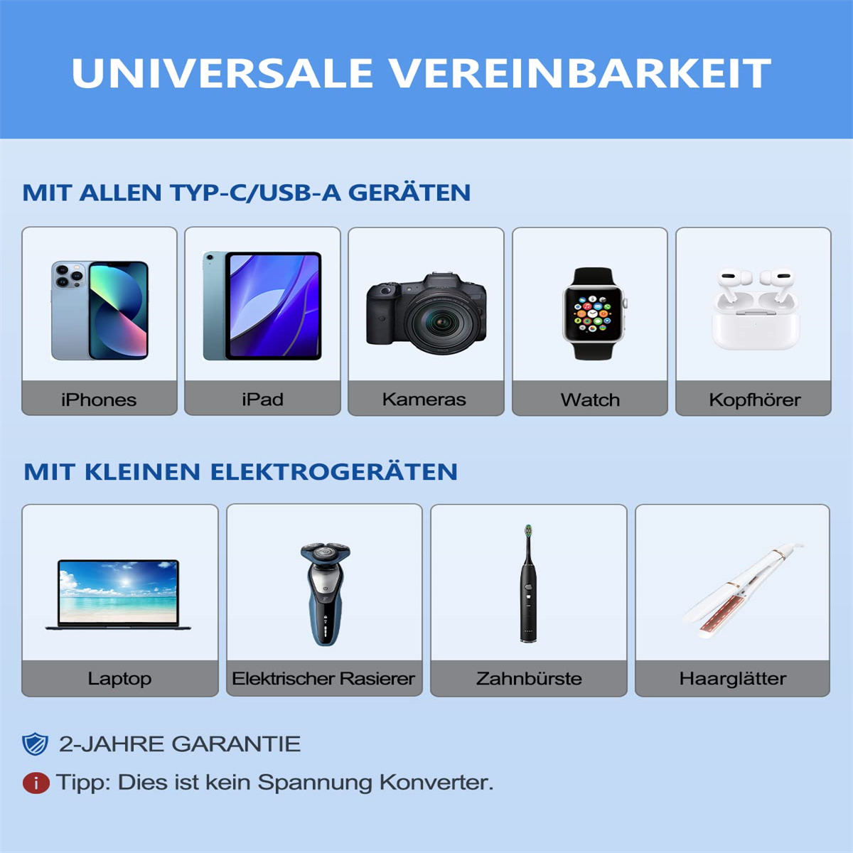 Eine Grafik, die verschiedene Geräte zeigt, die mit einem USB-C/USB-A-Universaladapter kompatibel sind.