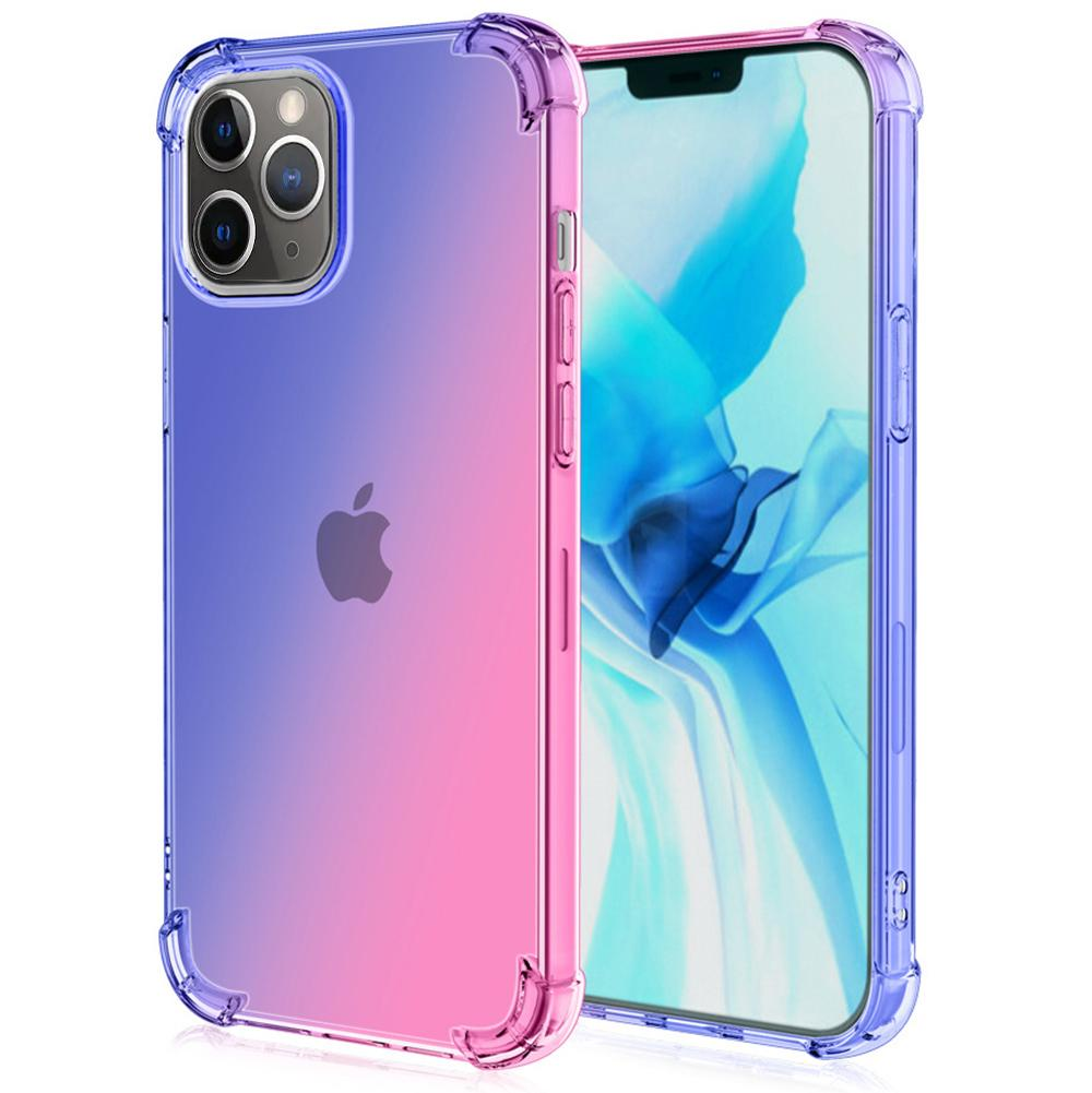 Zwei iPhones in durchsichtigen Hüllen, die von Lila zu Pink übergehen und die Bildschirme zeigen.