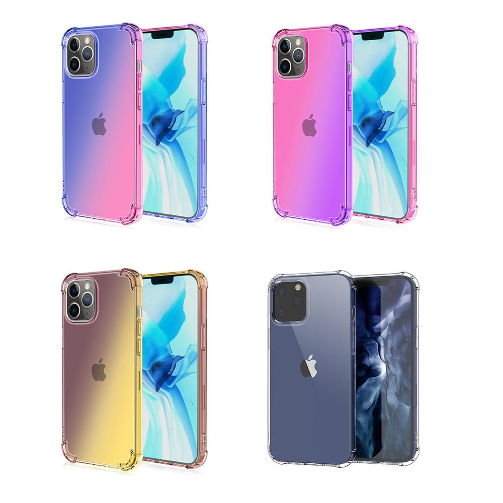 Vier iPhones in transparenten Hüllen mit verschiedenen Farbverläufen: Lila/Pink, Lila, Gold/Pink und Blau.