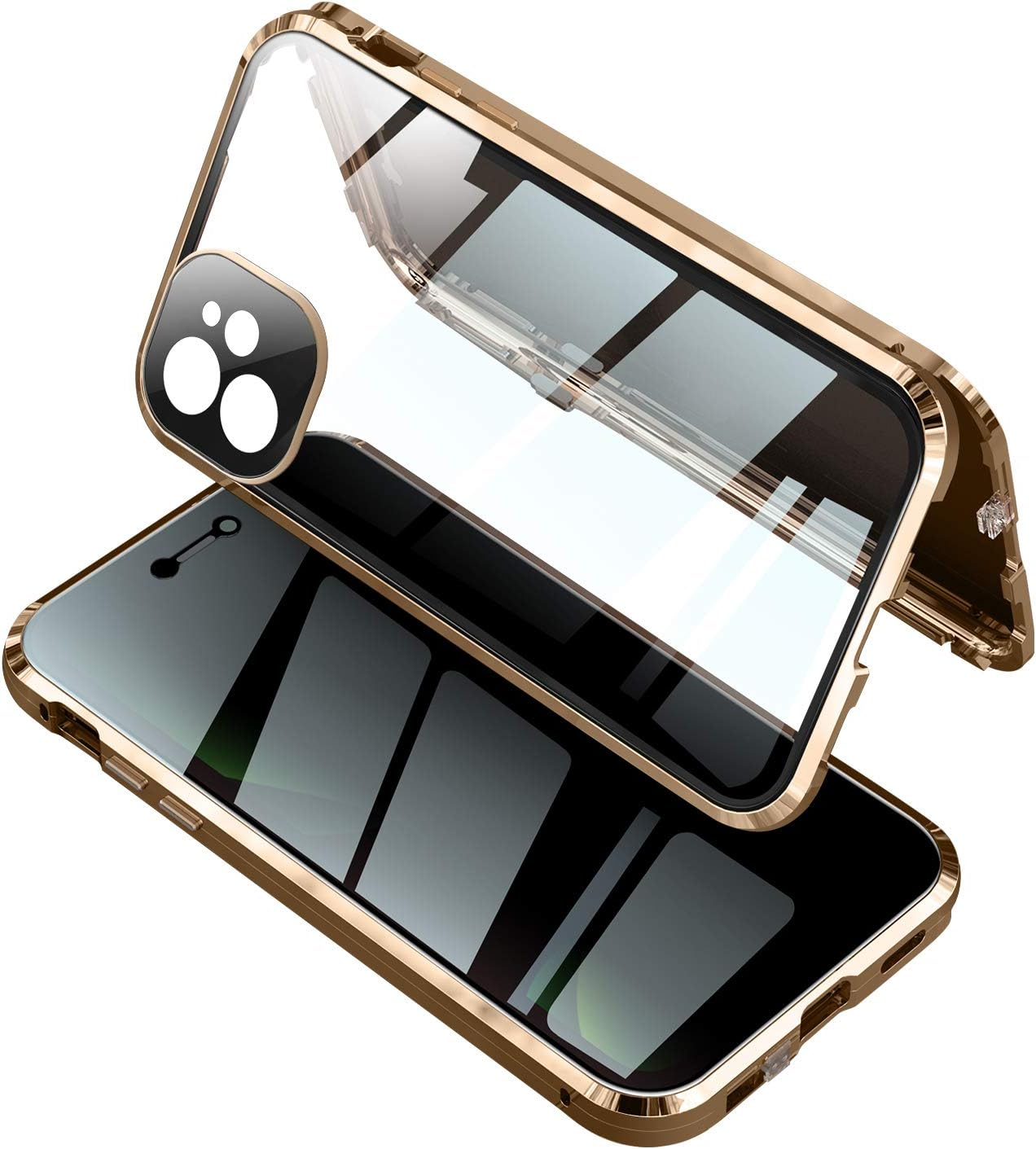 Ein offenes, goldenes Handygehäuse zeigt das Handy mit einer klaren Rückseite.