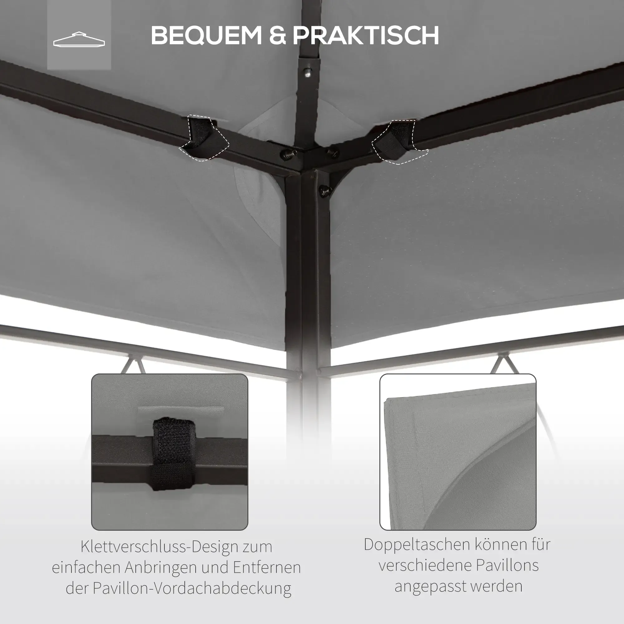 Innenansicht eines grauen Pavillons, die die Konstruktion, die Haltegurte und die Befestigungspunkte zeigt.