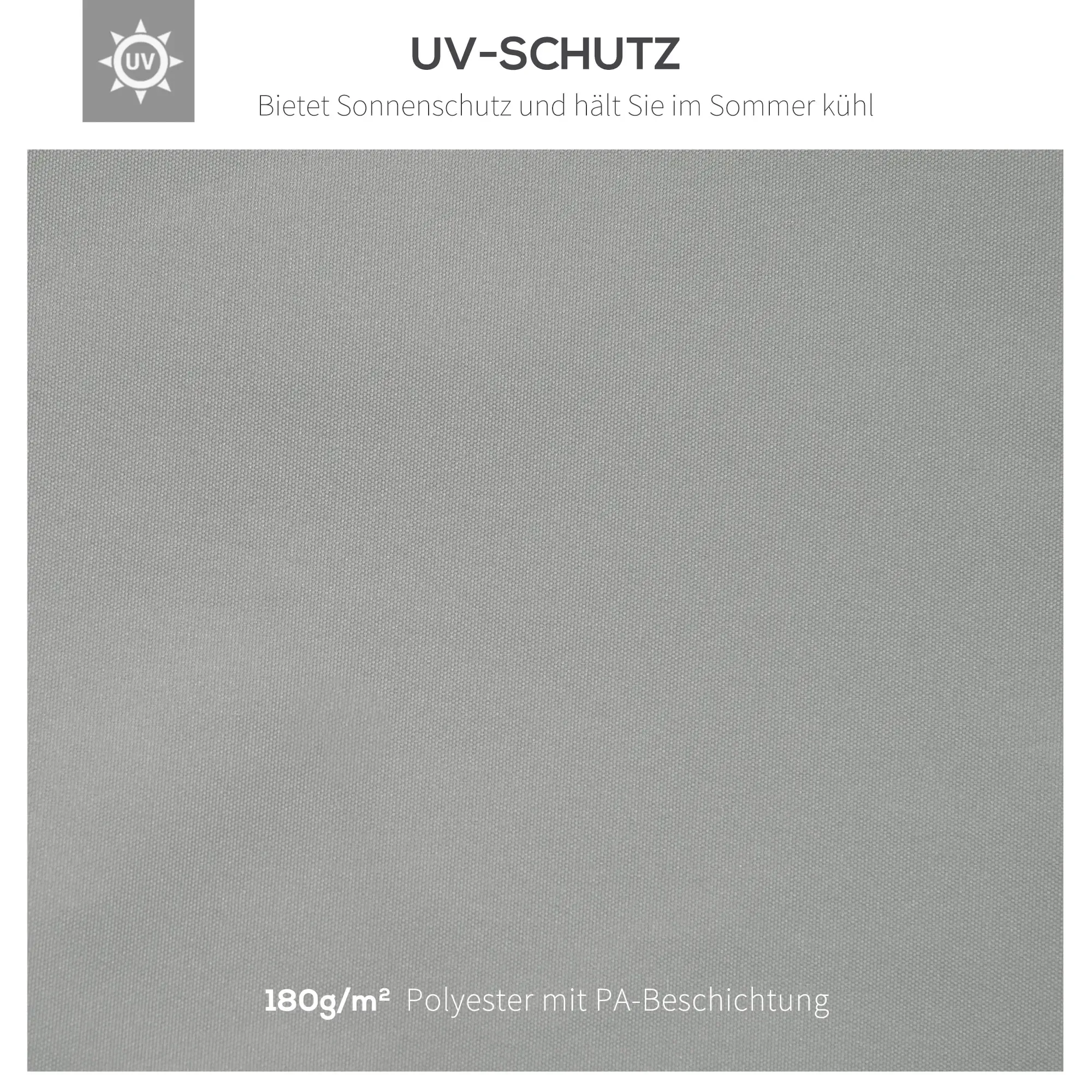 Eine Nahaufnahme aus grauem Polyestergewebe, das als UV-Schutz und Kühlung beschrieben wird.