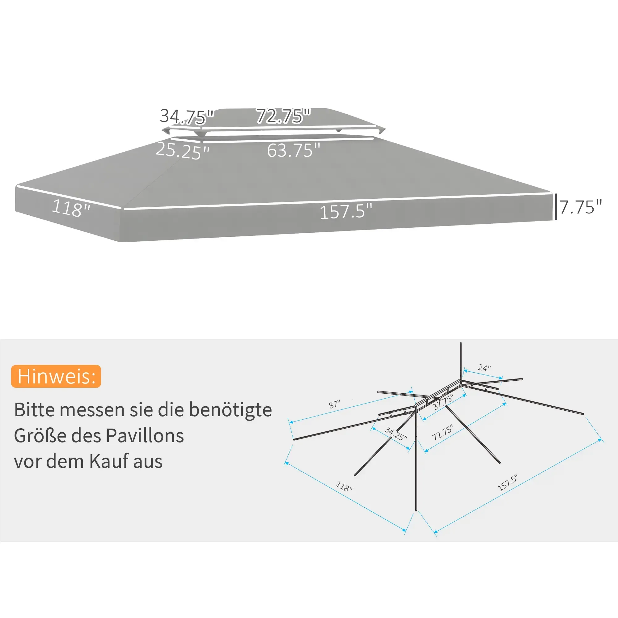 Ein Diagramm, das die Maße eines grauen Pavillondachs und seiner Rahmenstruktur zeigt.