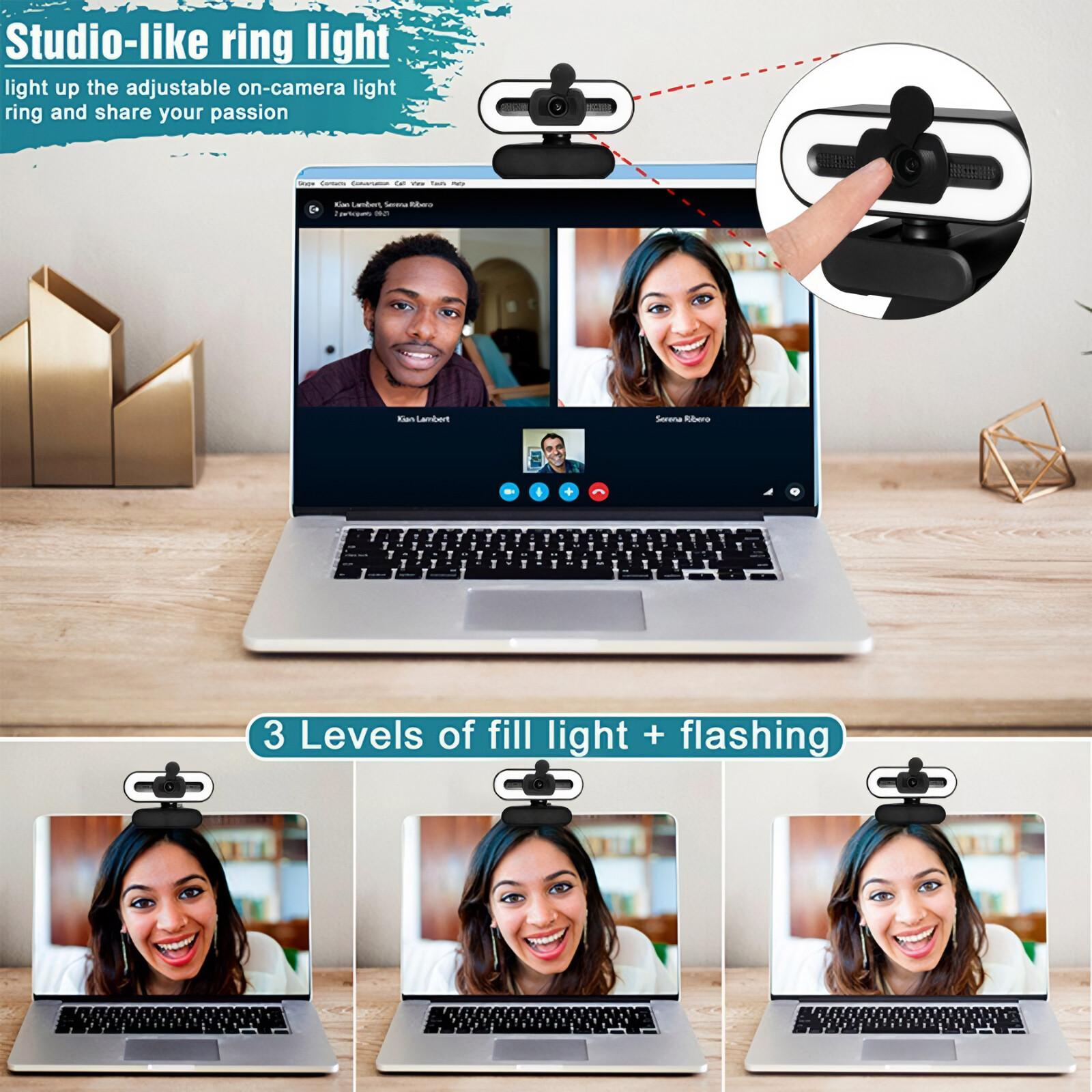 Webcam auf Laptop mit drei Fülllichtstufen. Zwei Personen Videoanruf. Studioähnliches Ringlicht.