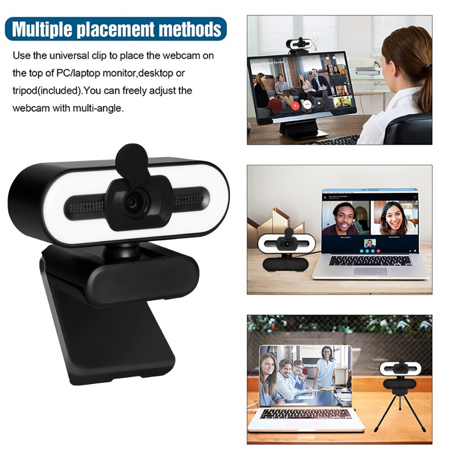 Webcam mit mehreren Platzierungsmethoden. Die Webcam befindet sich auf einem Laptop, Monitor und Stativ.