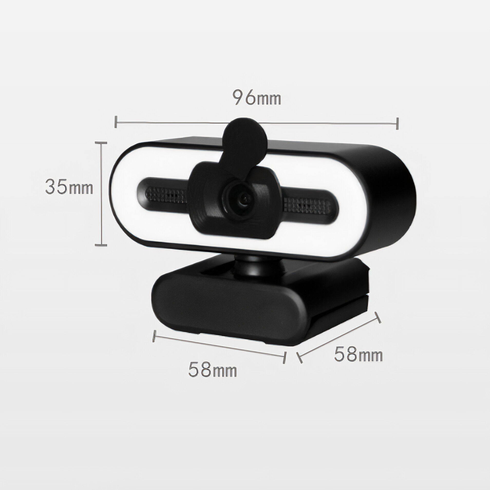 Webcam-Abmessungen: 96mm x 35mm x 58mm. Die Webcam ist schwarz und weiß.