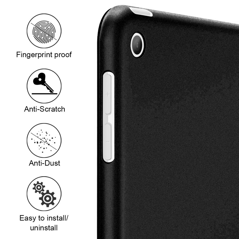 Eine Nahaufnahme einer schwarzen Tablet-Hülle mit Fingerabdruckschutz, Kratzschutz, Staubschutz und einfacher Installation.