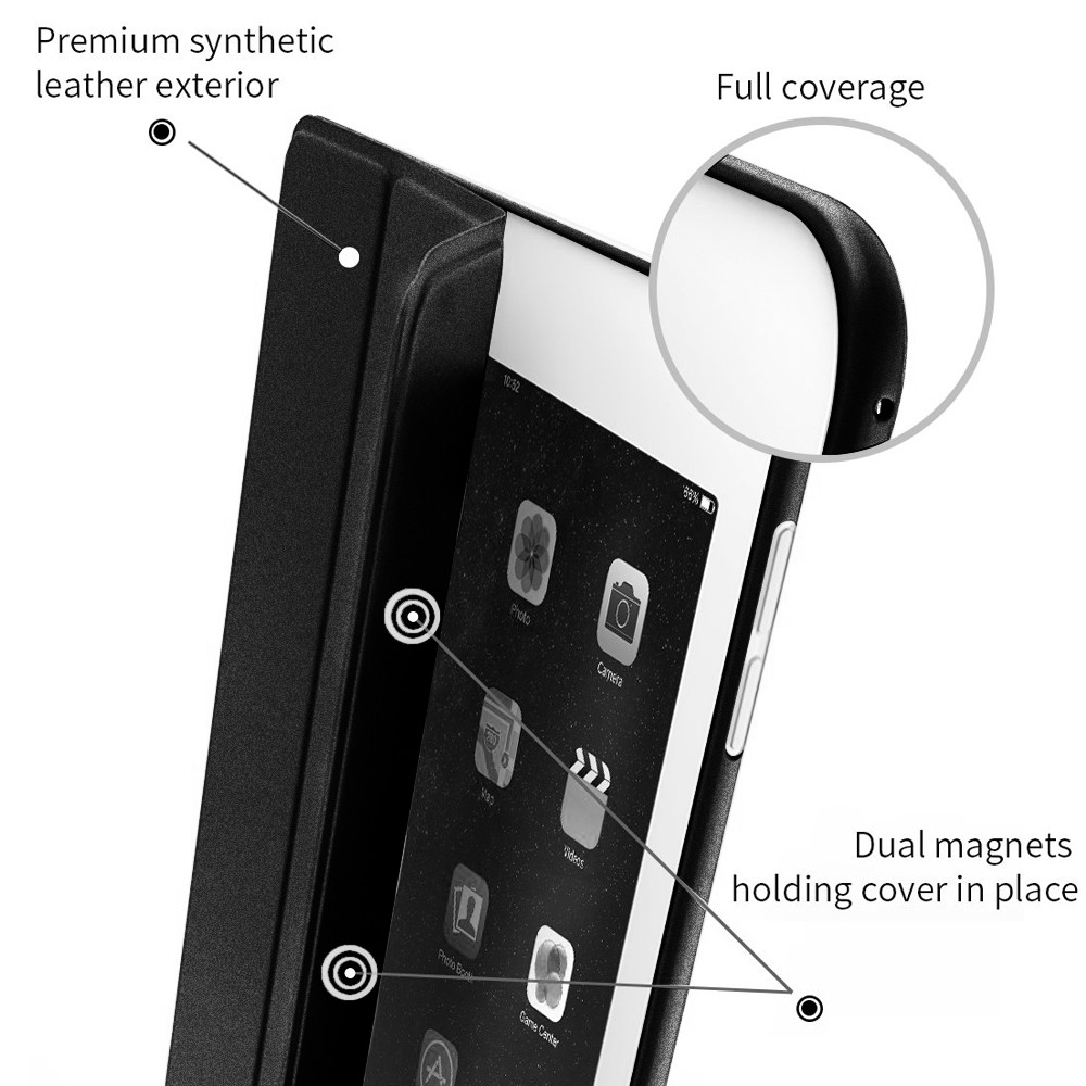 Eine schwarze Tablet-Hülle mit synthetischem Leder außen, vollständiger Abdeckung und zwei Magneten, die die Hülle an Ort und Stelle halten.