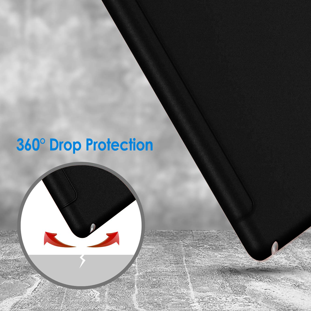 Eine schwarze Tablet-Hülle mit 360°-Fallsicherung wird vor einem grauen Hintergrund gezeigt.